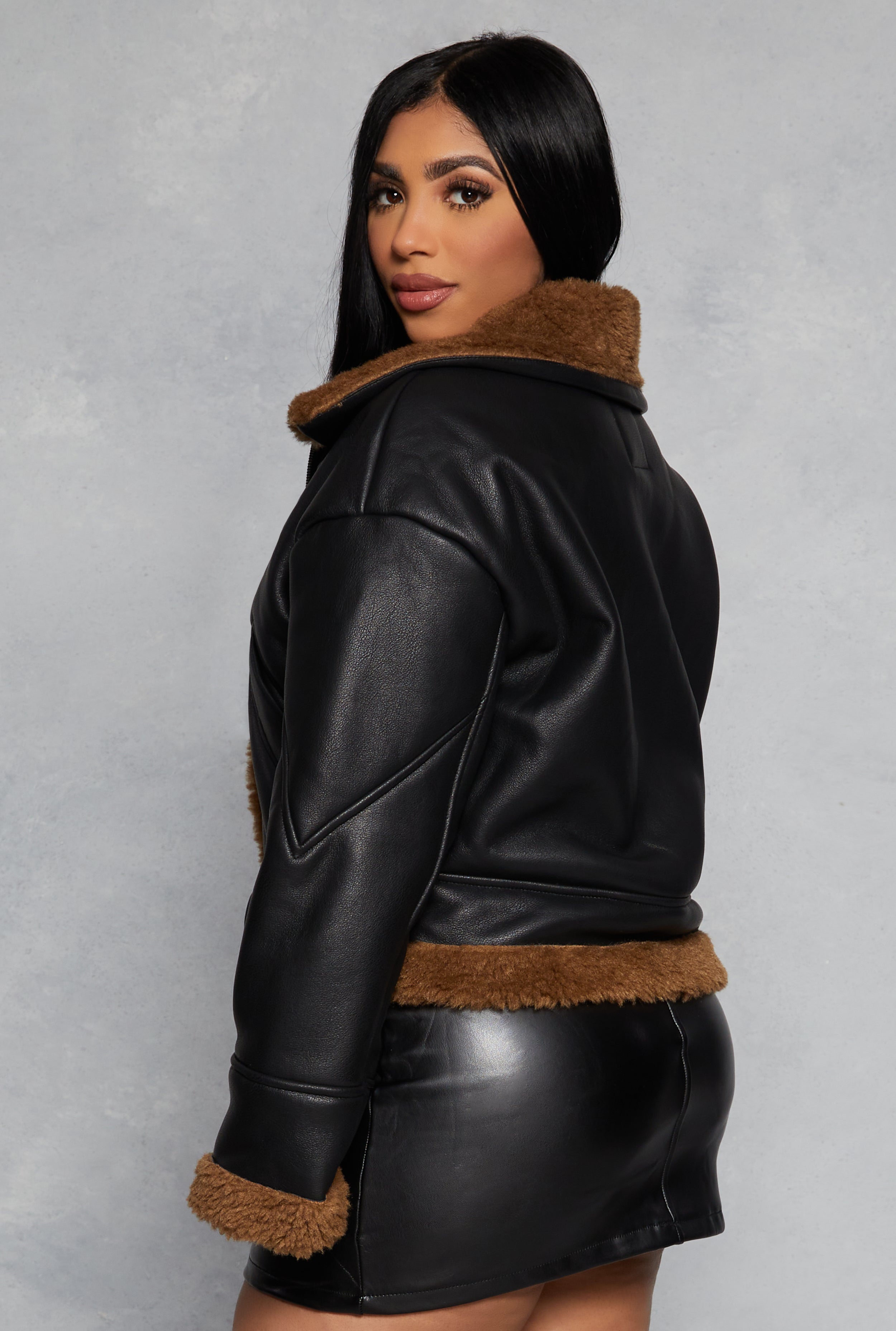 Faux Leather Faux Fur Lined Moto Jacket、mySite、camillekostekn