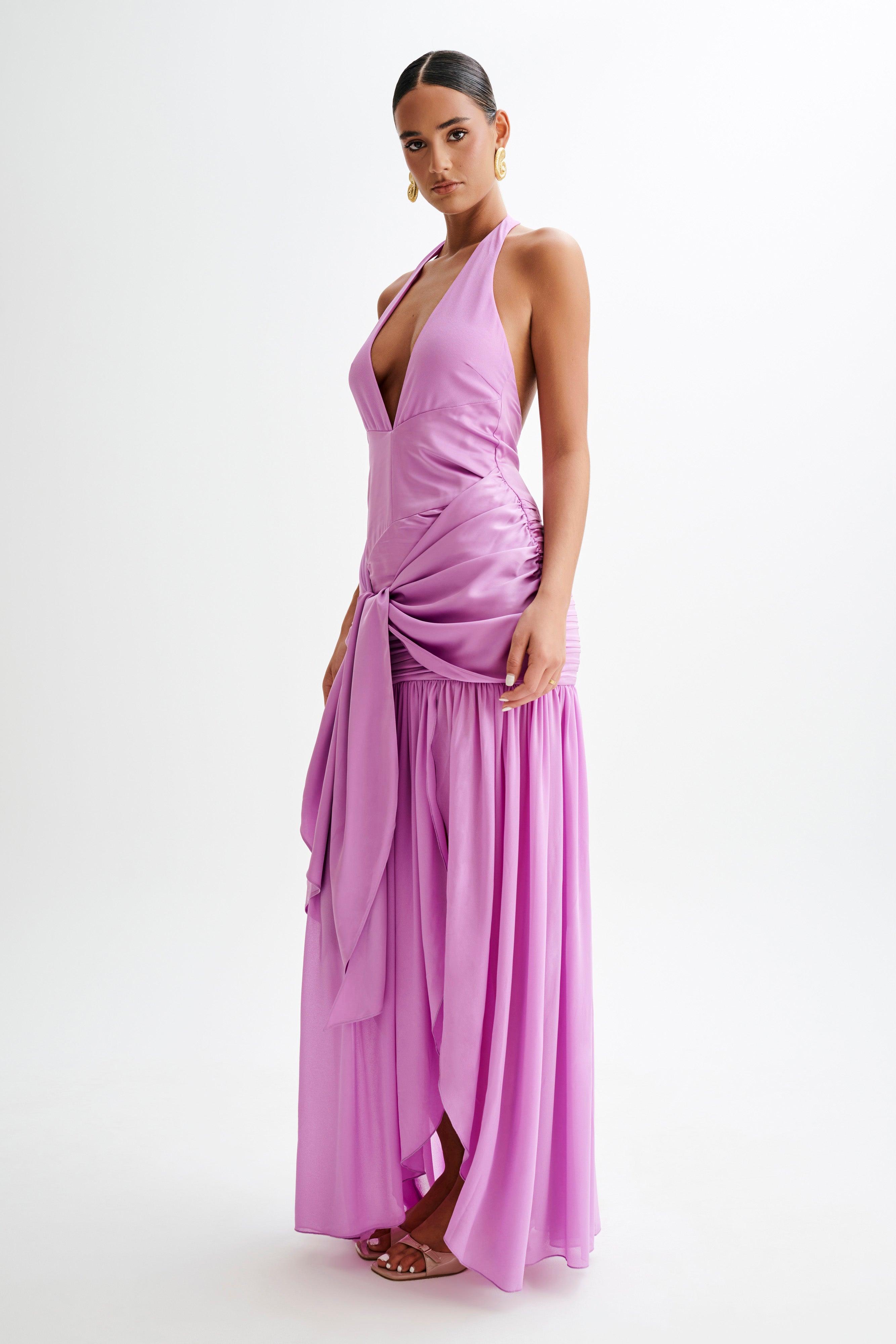 Graziana Satin Chiffon Plunge Maxi Dress - Violet、mySite、solidvoid