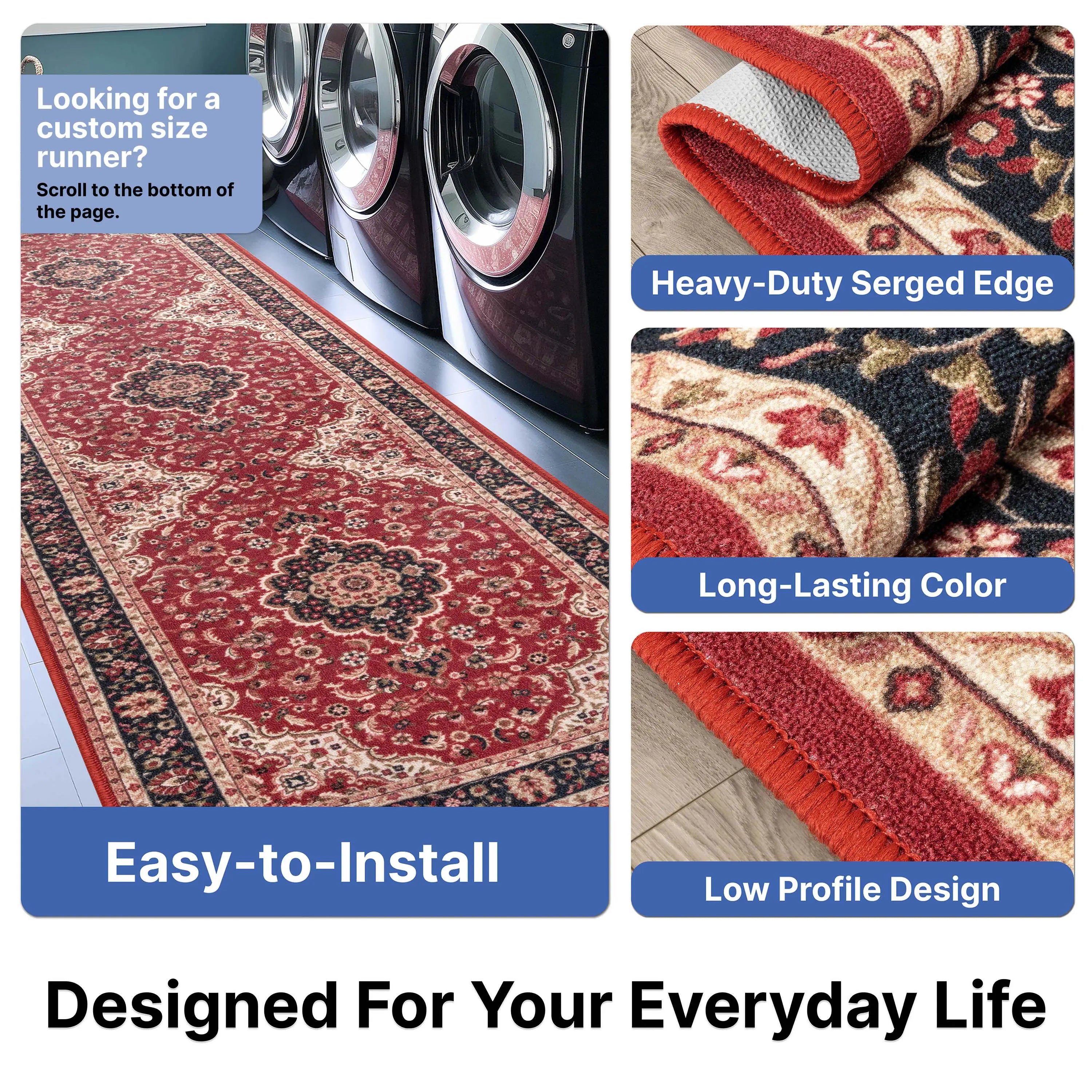 Custom Size Runner Gene Medallion Persian Red Select Your Width x Choose Your Length Machine Washable Hallway Runner Rug、mySite、gigharbornorthrealestate