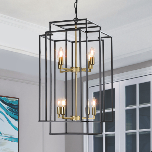 (Same as W1340142525/L1018-C) 18" Modern 8-Light Black & Chrome Geometric Pendant Chandelier, Industrial Metal Frame, Adjustable Hanging Light for Living Room, Dining Room, Kitchen (No Bulbs)、、eastwooduniform