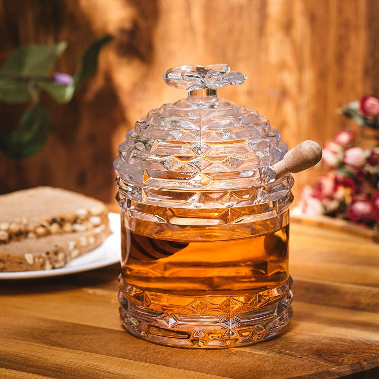 Glass Beehive Honey Jar and Wooden Dipper、mySite、topwebapps