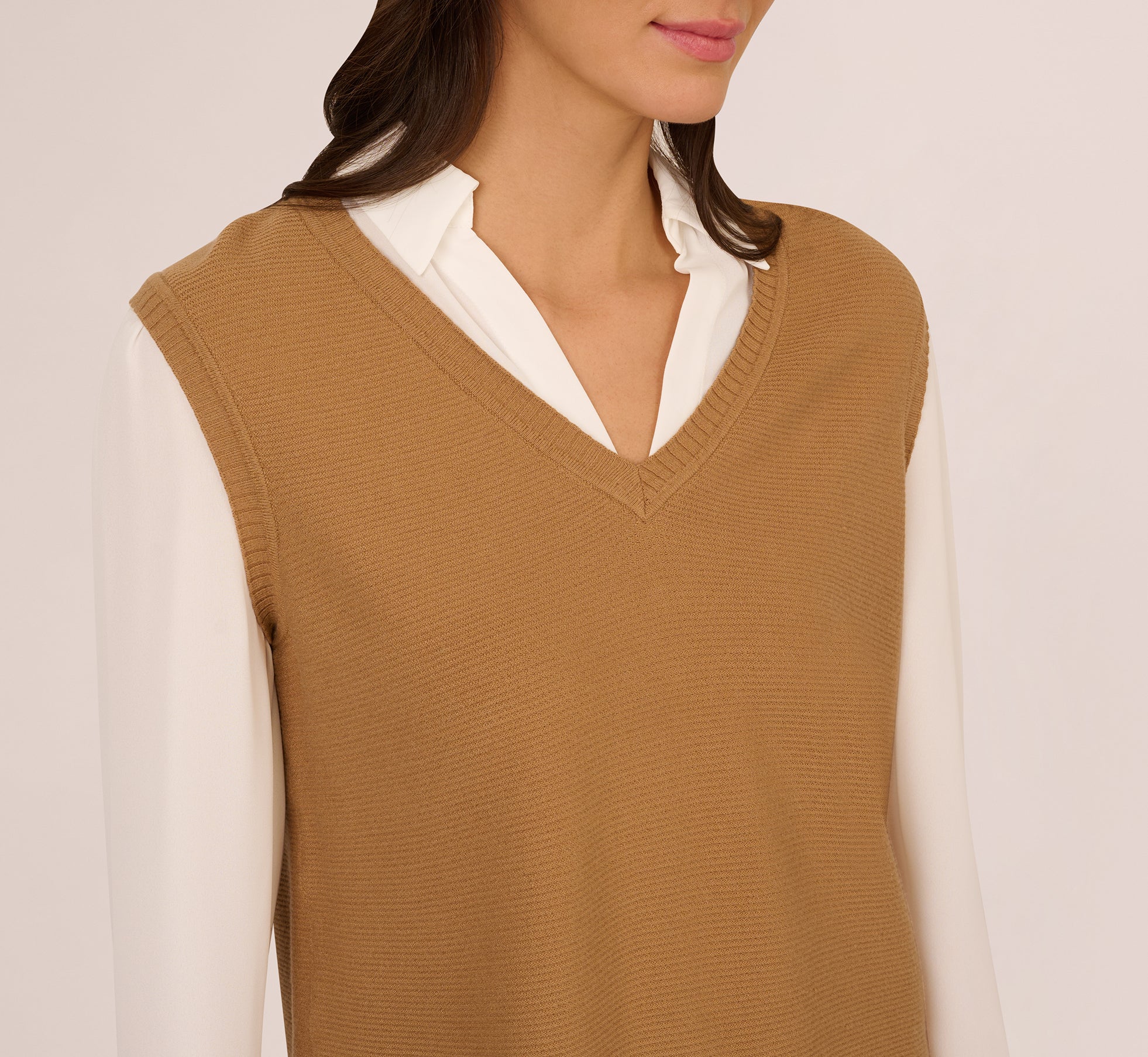 Sweater Vest Collared Twofer Shirt In Camel Ivory、mySite、solidvoid