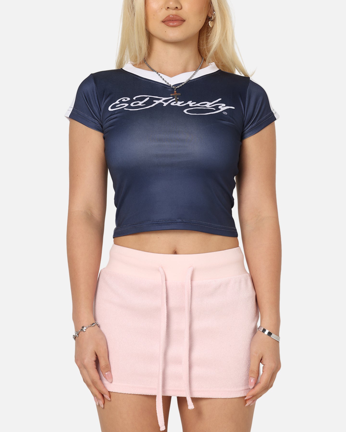 Ed Hardy Women's Football Baby T-Shirt Navy/White、mySite、zt4zffjzw