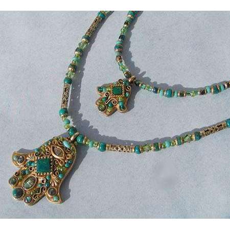 Michal Golan Chrysocolla, Chinese Turquise, Abalone and Glass Beads Hamsa Necklace、mySite、topwebapps