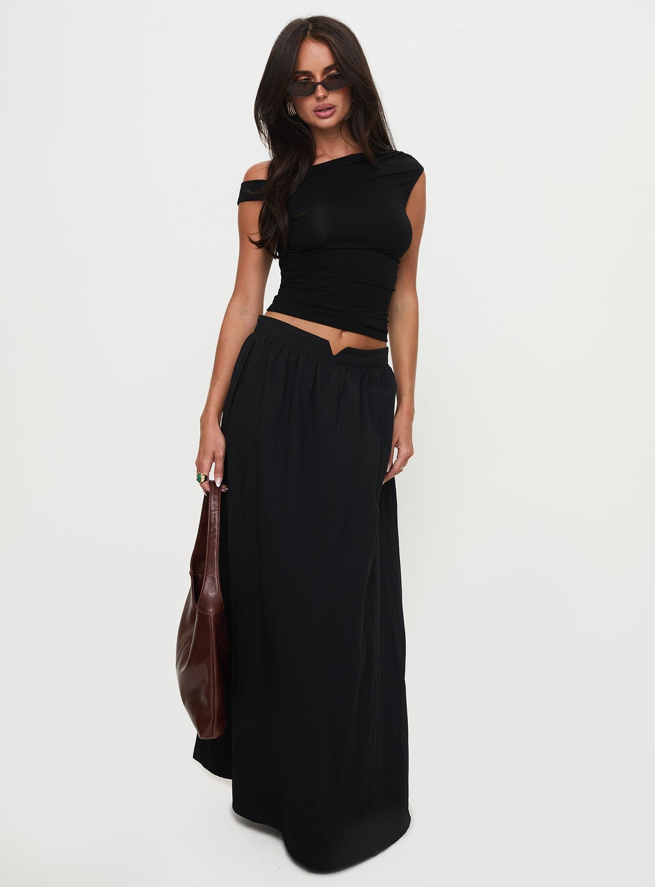 Rennata Gathered Mid Rise Maxi Skirt Black、mySite、solidvoid