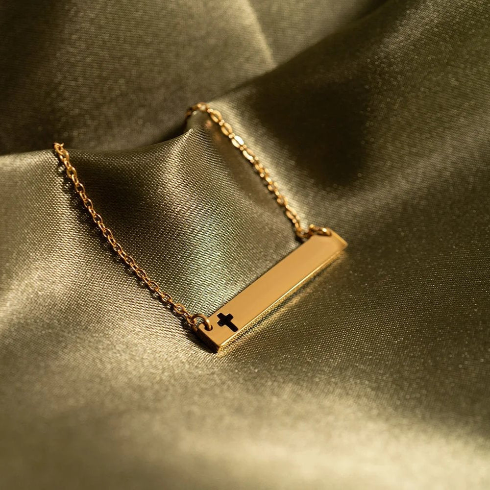18K Gold PVD Stainless Steel Cutout Cross Blank Bar Necklace / SBB00106、mySite、dreamappss
