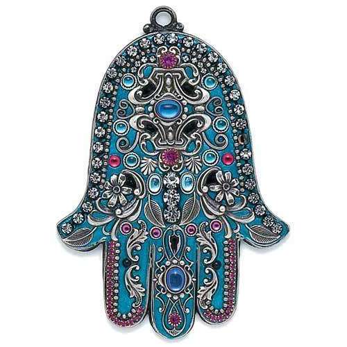 Michal Golan Blue and Silver Leaf Motif Wall Hamsa、mySite、topwebapps