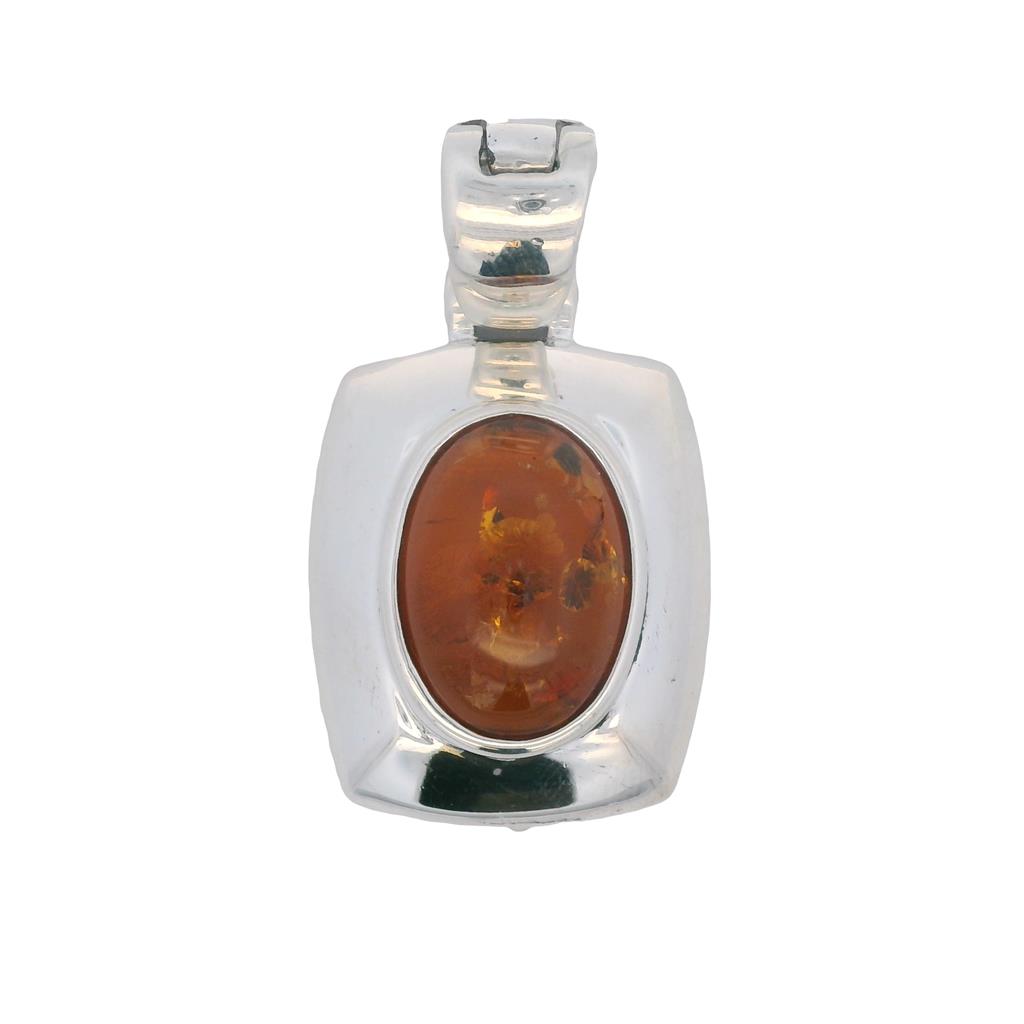  Estate Sterling Silver Oval Amber Solitaire Pendant