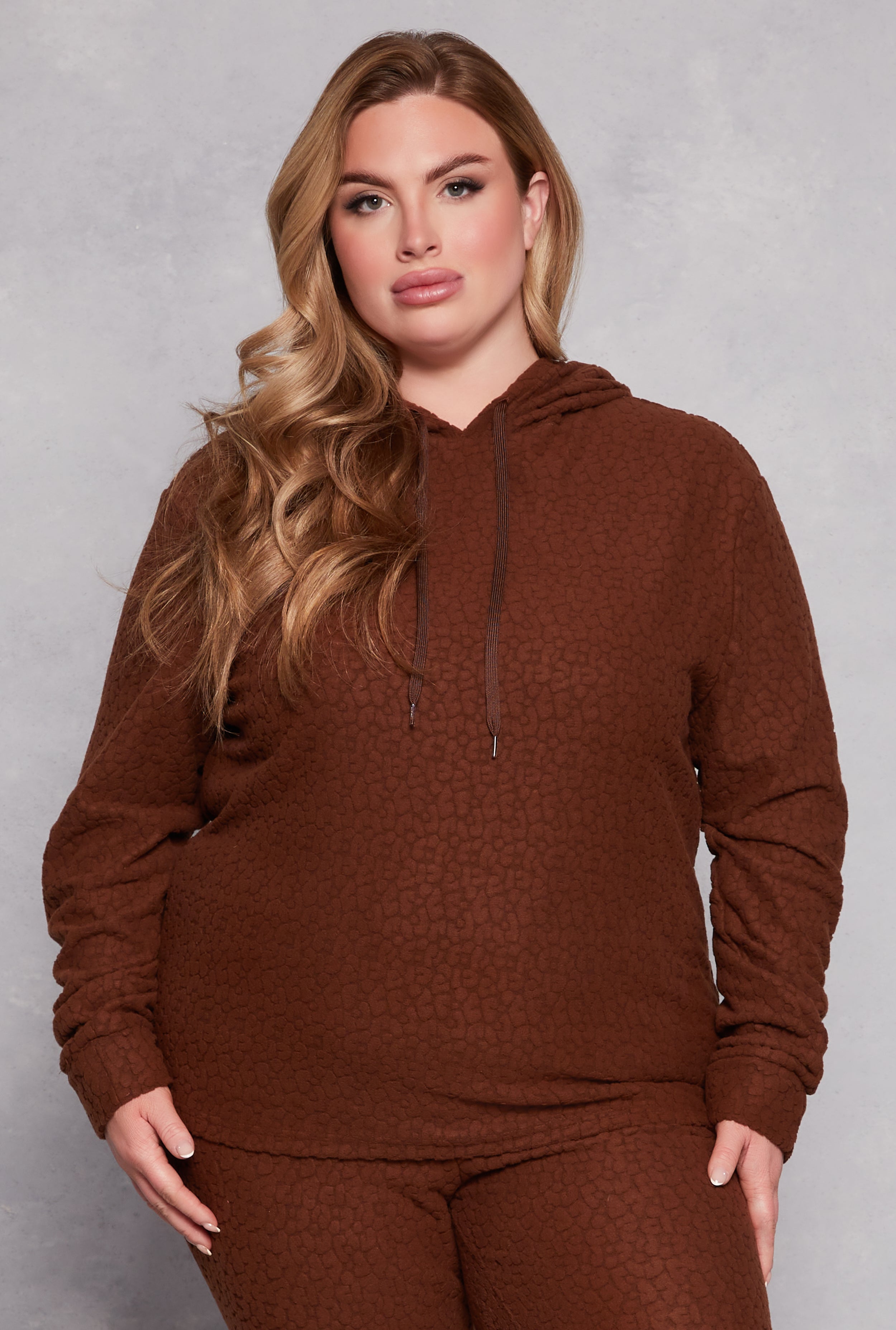 Plus Size Leopard Textured Knit Hoodie、mySite、camillekostekn