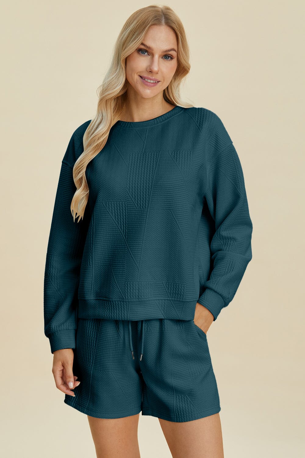 Double Take Full Size Texture Round Neck Long Sleeve Top and Shorts Set、mySite、camillekostekn
