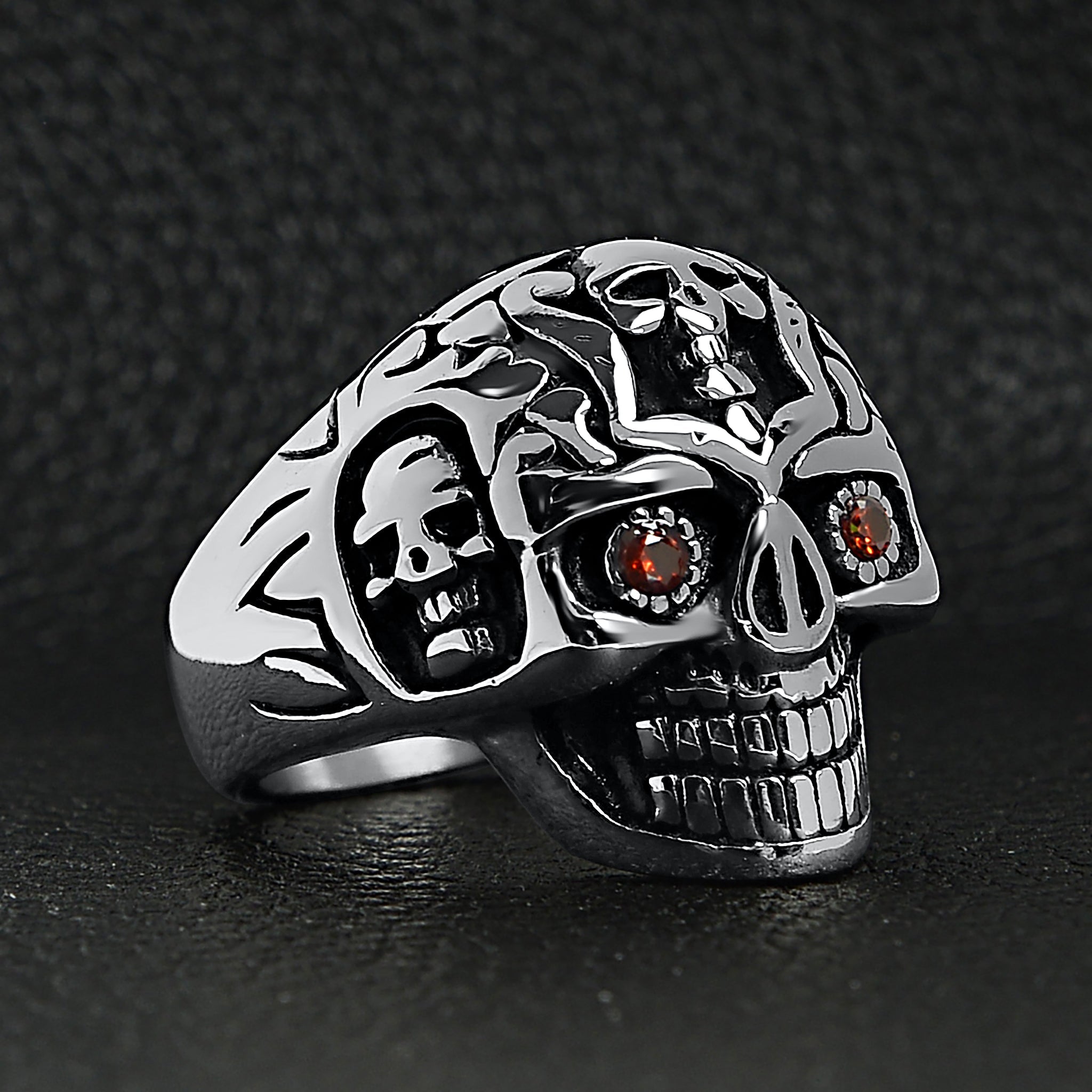 Stainless Steel Red CZ Eyed Sugar Skull Ring / SCR4088、mySite、dreamappss