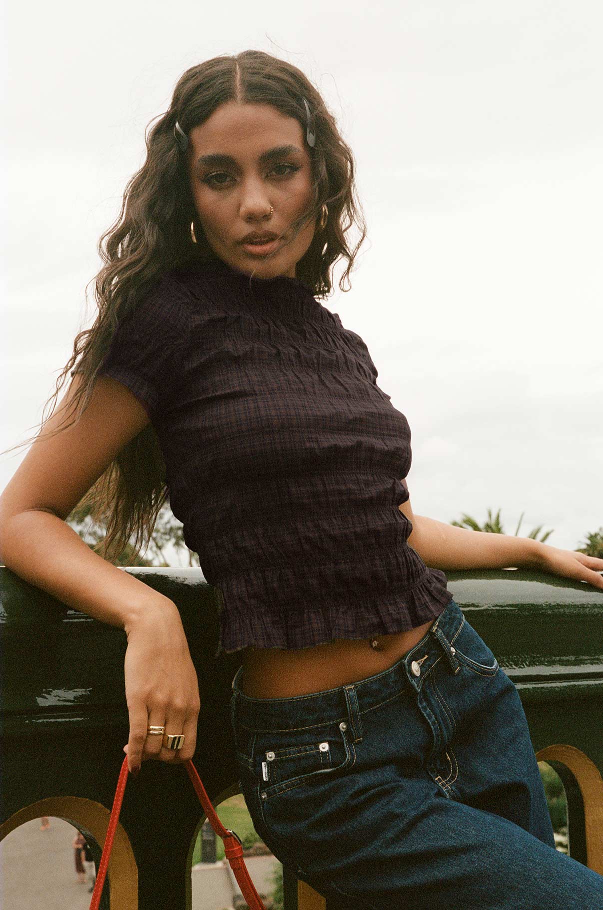 Romelle Shirred Top Black / Brown Plaid、mySite、solidvoid