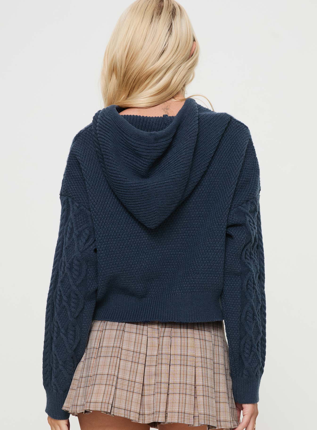 Jorvik Cropped Cable Knit Hoodie Navy、mySite、solidvoid