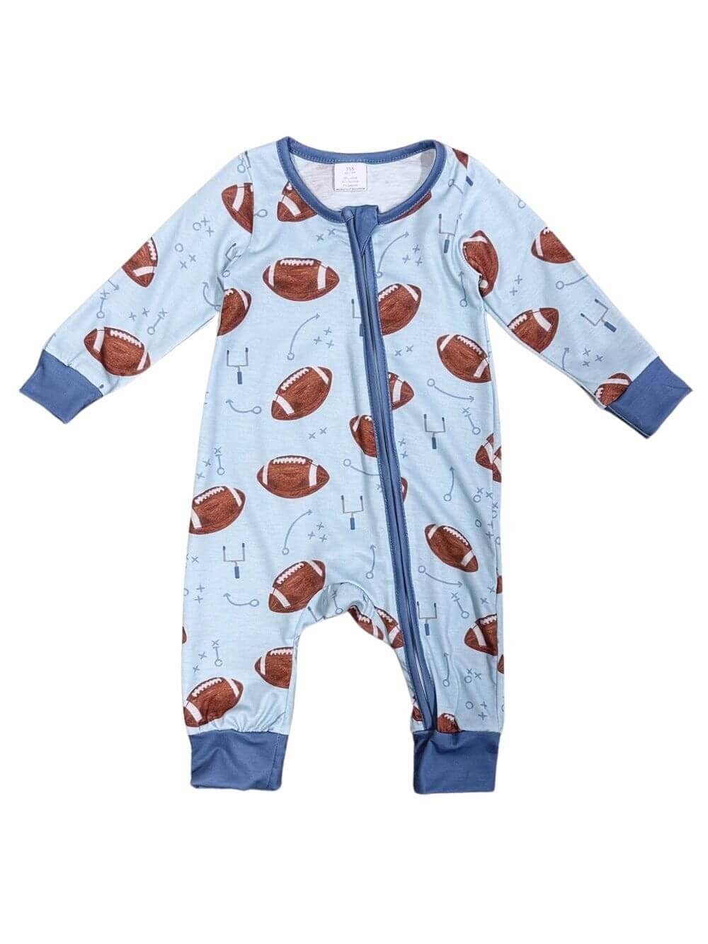 Game Day Football Light Blue Zip Up Baby Romper、mySite、camillekostekn