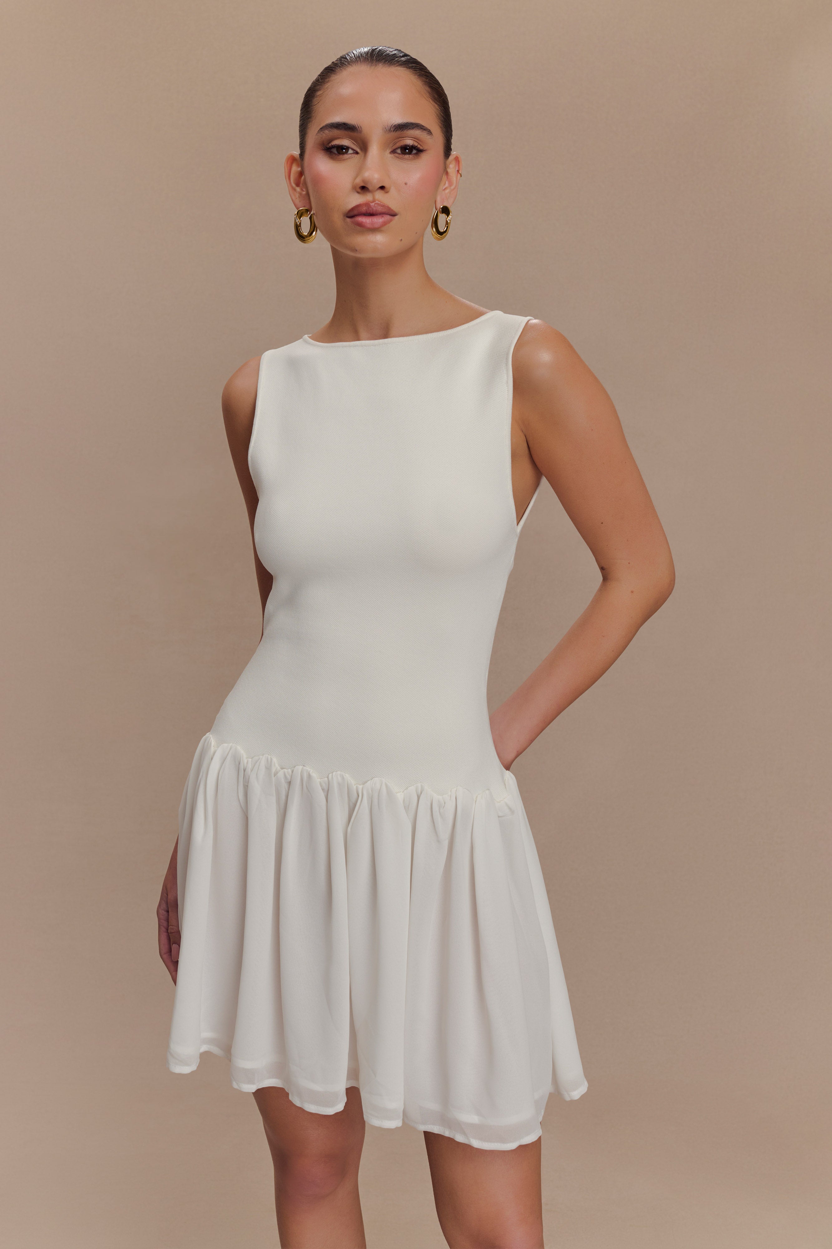 Ashleigh Knit And Chiffon Mini Dress - Ivory、mySite、solidvoid