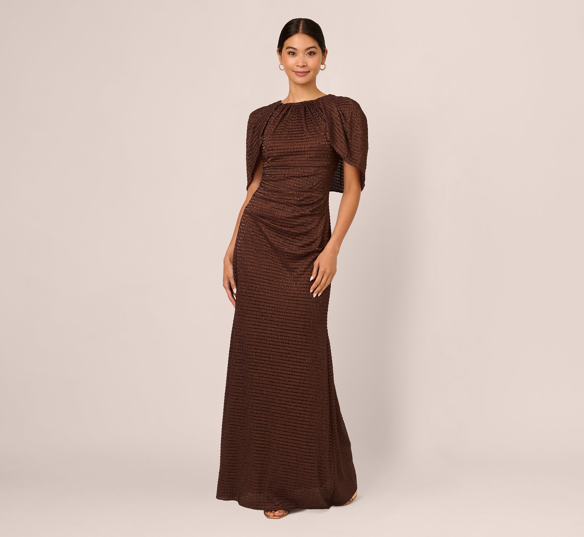 Pleated Metallic Cape Gown In Bronze、mySite、solidvoid