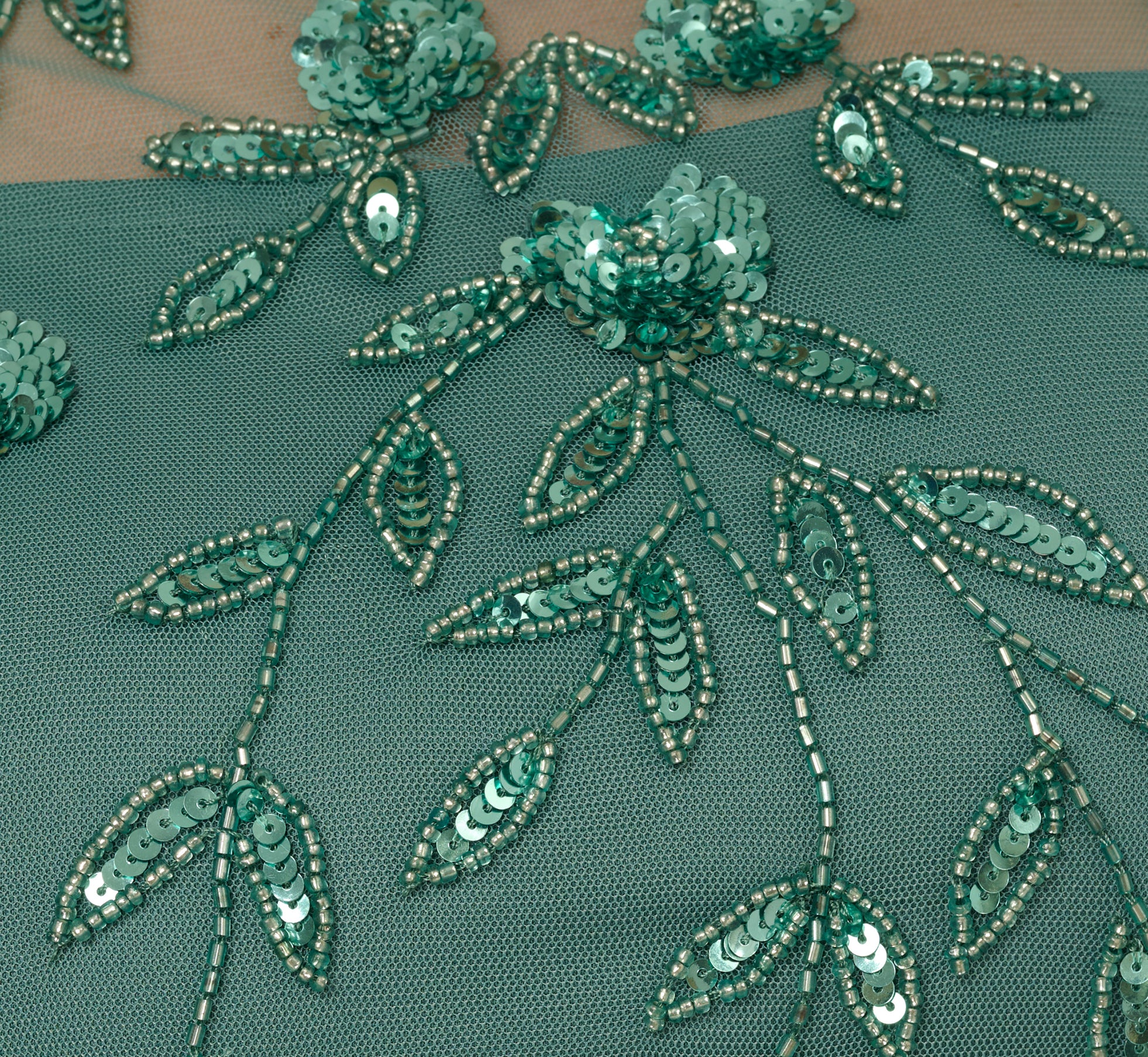3D Floral Beaded Dress With Sheer Short Sleeves In Green Slate、mySite、solidvoid