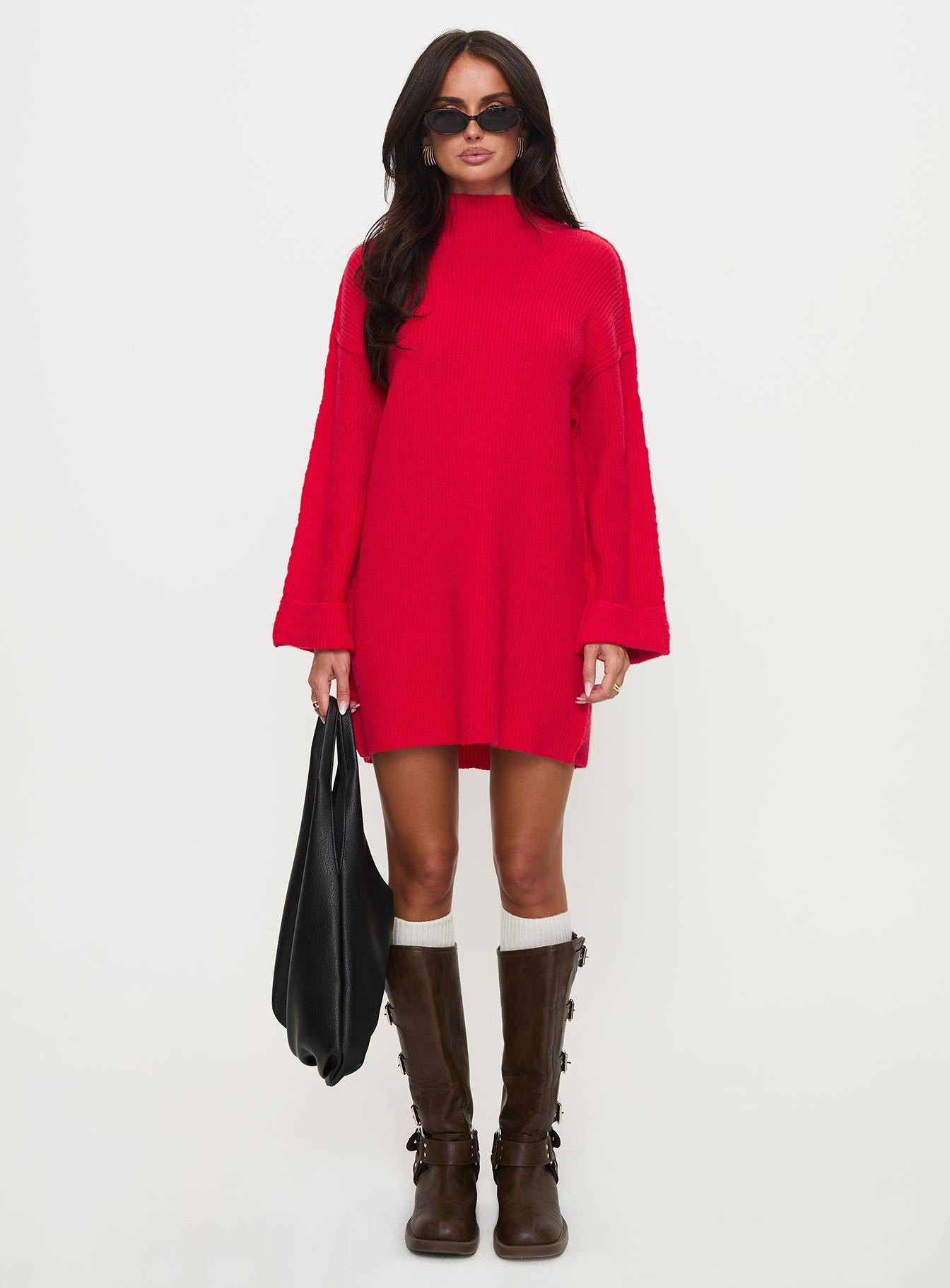 Weslie Long Sleeve Knit Mini Dress Red、mySite、solidvoid