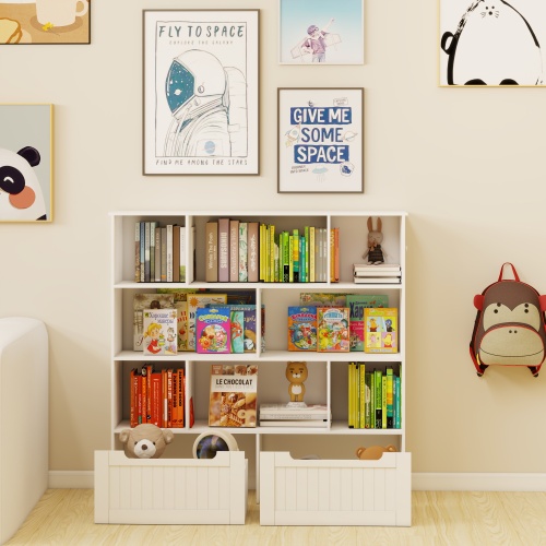 Toy Storage Organizer with 2 Movable Drawers, Multi-Functional 7 Shelf Kids Bookcase with 2 Hooks, Children Book Shelf for Kids Room, Nursery Storage Book Rack for Playroom, Classroom-White、、casual