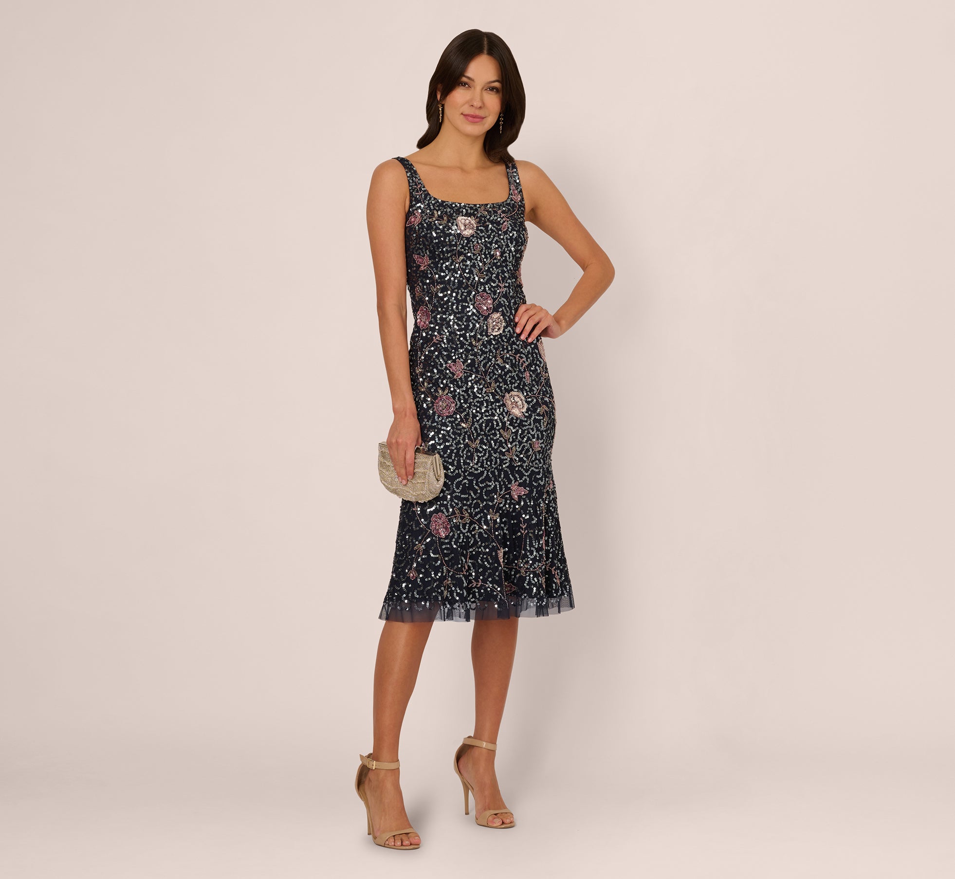 Sleeveless Sequin Floral Beaded Midi Dress In Navy Pink Multi、mySite、solidvoid