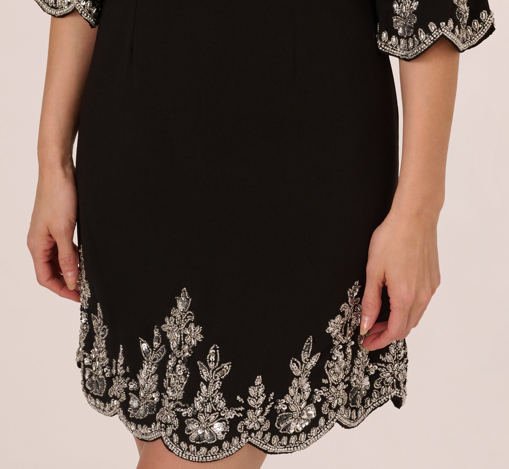 Beaded Three Quarter Sleeve Crepe Dress With Scallop Edges In Black、mySite、solidvoid
