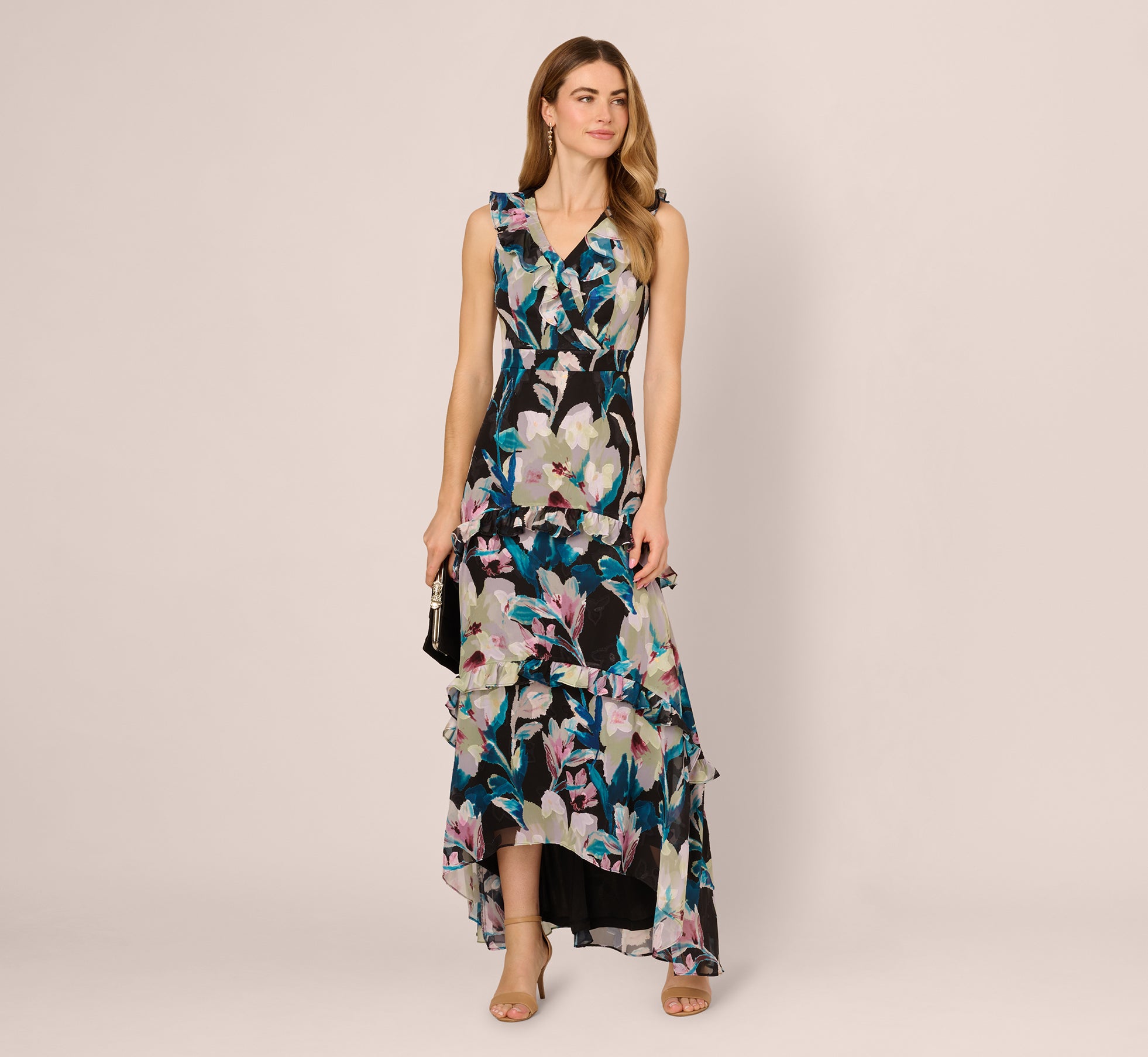 Sleeveless Floral Chiffon High Low Ruffle Gown In Black Multi、mySite、solidvoid