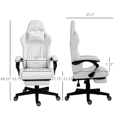 Vinsetto High Back PU Leather Gaming Chair, Racing Computer Chair with Swivel Wheels, Retractable Footrest, Headrest, Lumbar Support, and Armrest, White and Pink、、casual