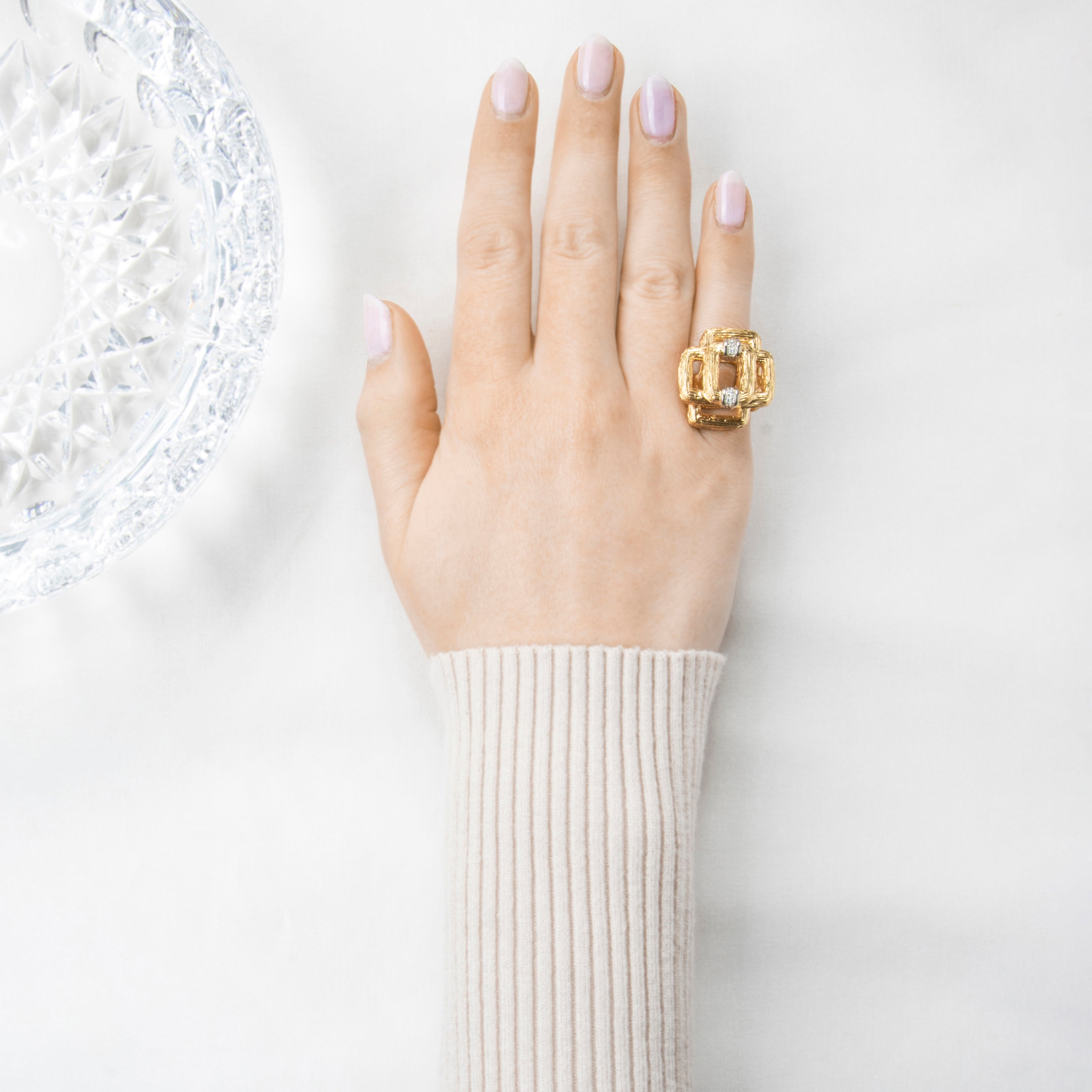 Vintage Large Italian 18k Yellow Gold Diamond Stunning Squares Ring 5.25、mySite、hinf8tx79