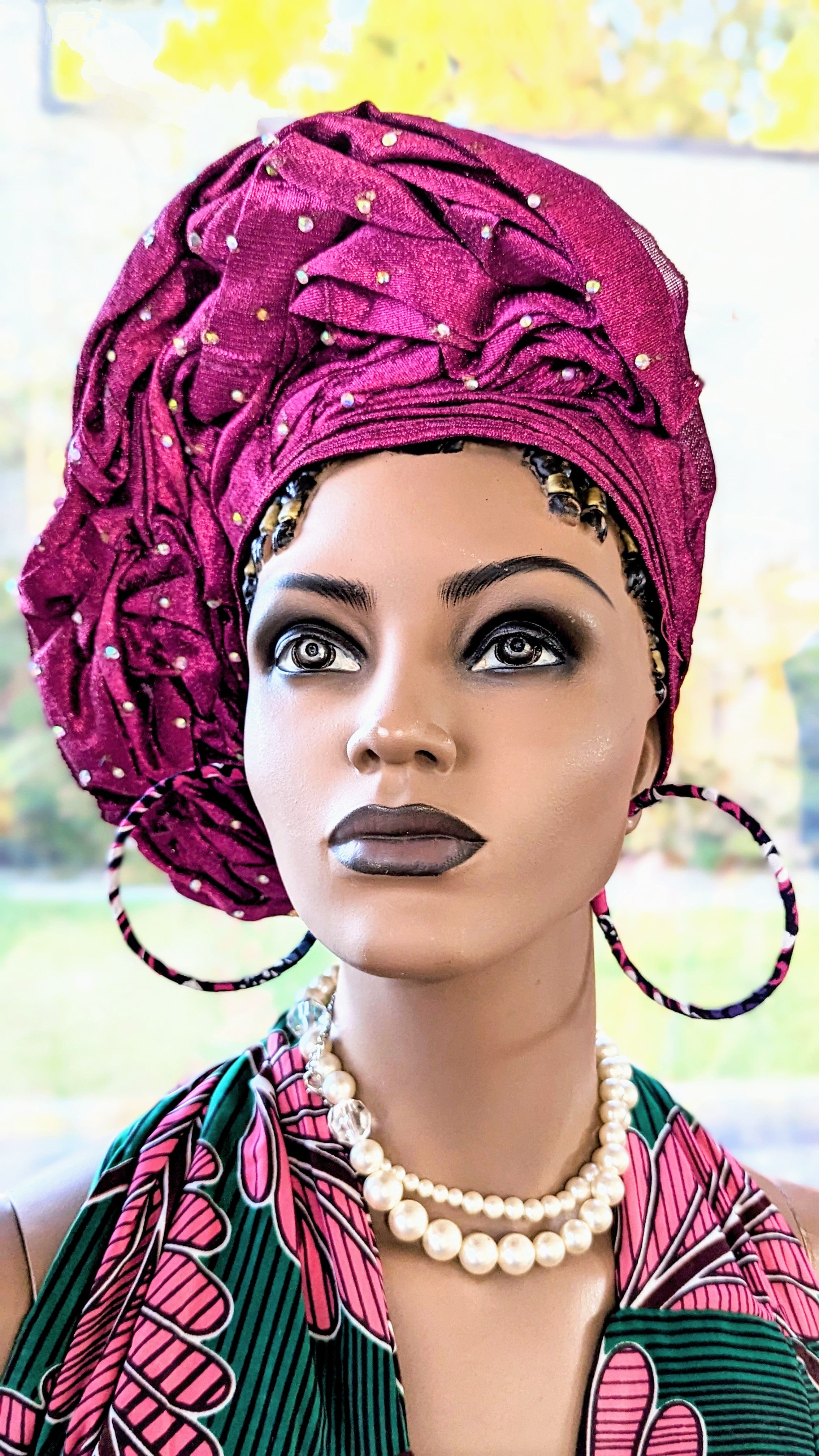 Deaveny Fuchsia Pink Aso Oke African Head Tie Autogele Pre-tied head wrap-DPAGFPW31、mySite、solidvoid