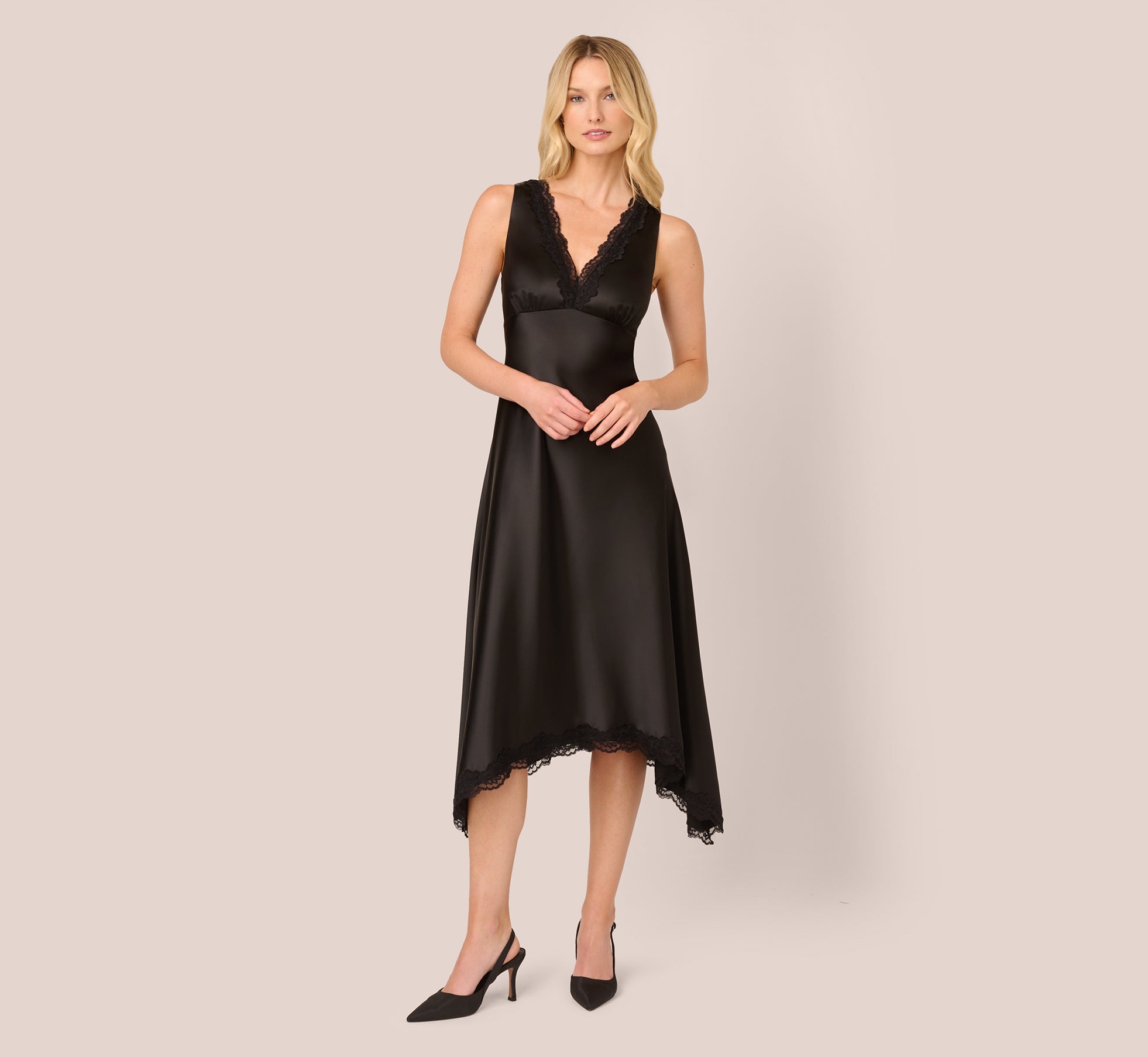 Satin Lace Midi Slip Dress In Black、mySite、solidvoid