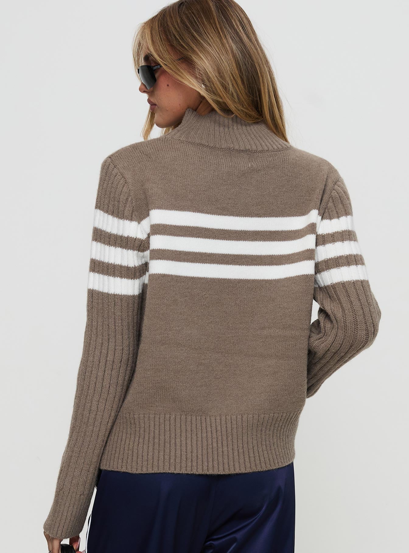 Bessemer Funnel Neck Knit Sweater Mocha Stripe、mySite、solidvoid