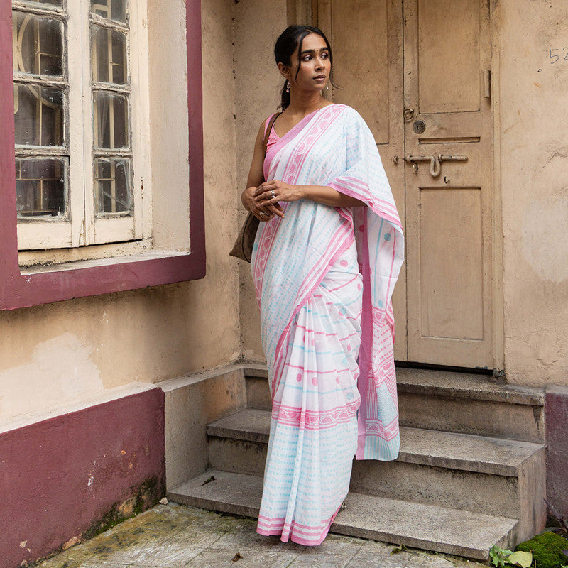 Cotton Saree | Hand Block Print | White & Blue、mySite、camillekostekn