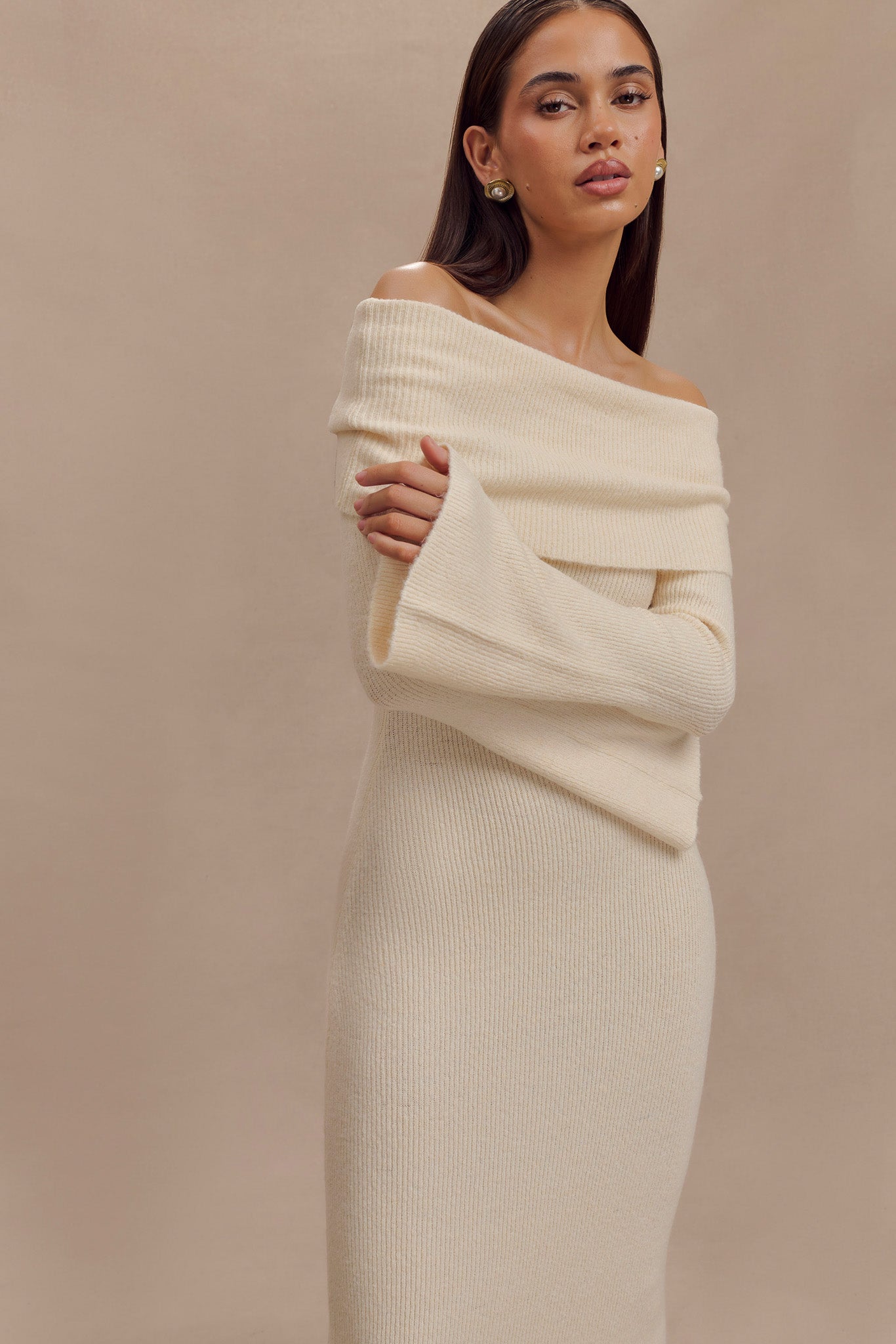 Katherine Off Shoulder Knit Maxi Dress - Ivory、mySite、solidvoid