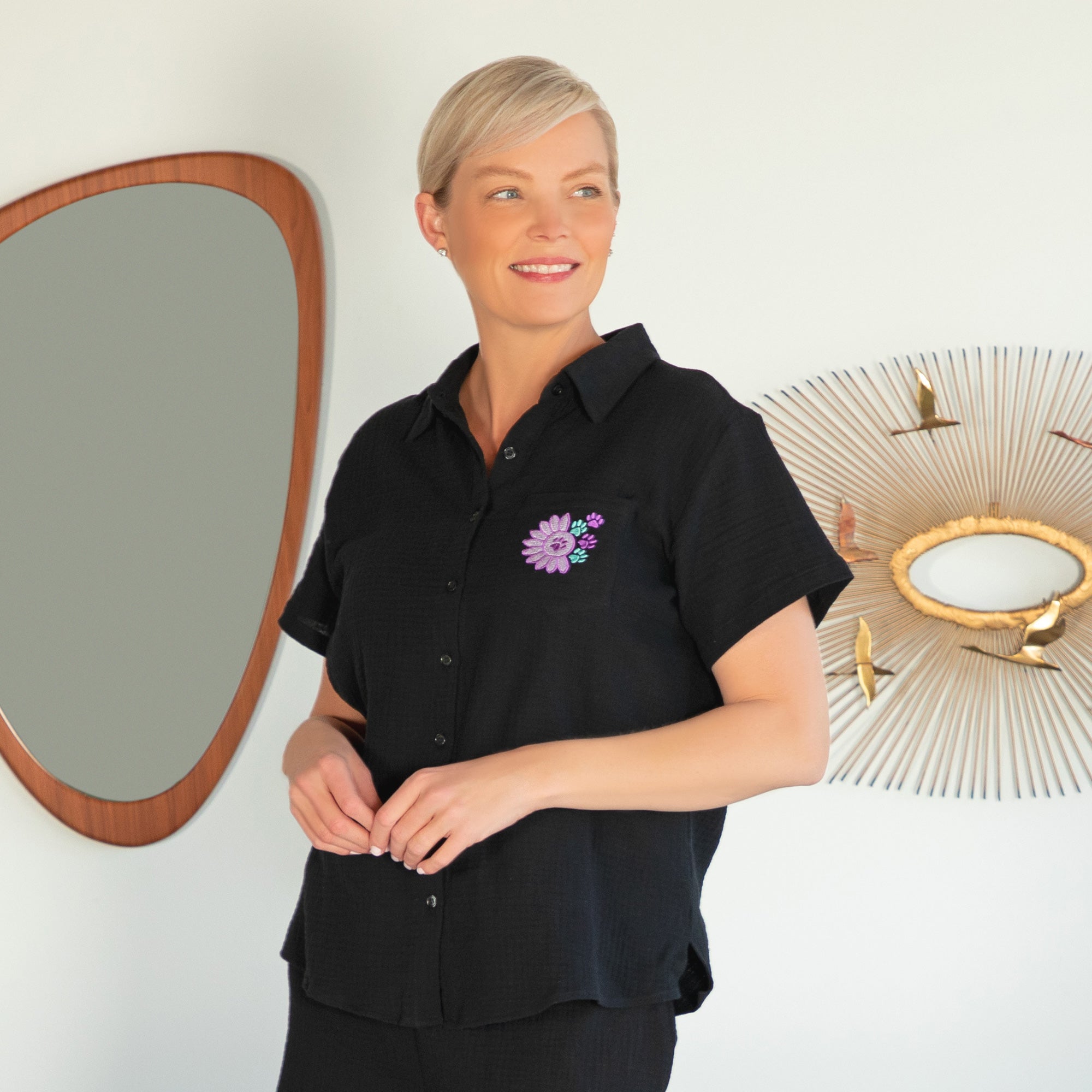 Paw Sunflower Embroidered Cotton Gauze Shirt、mySite、camillekostekn