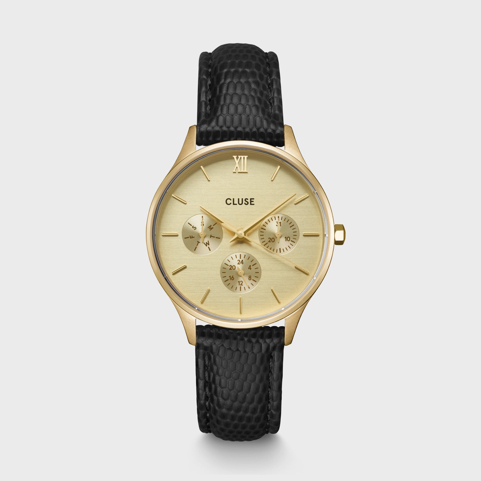  Minuit Multifunction Watch Leather, Black Lizard, Gold Colour