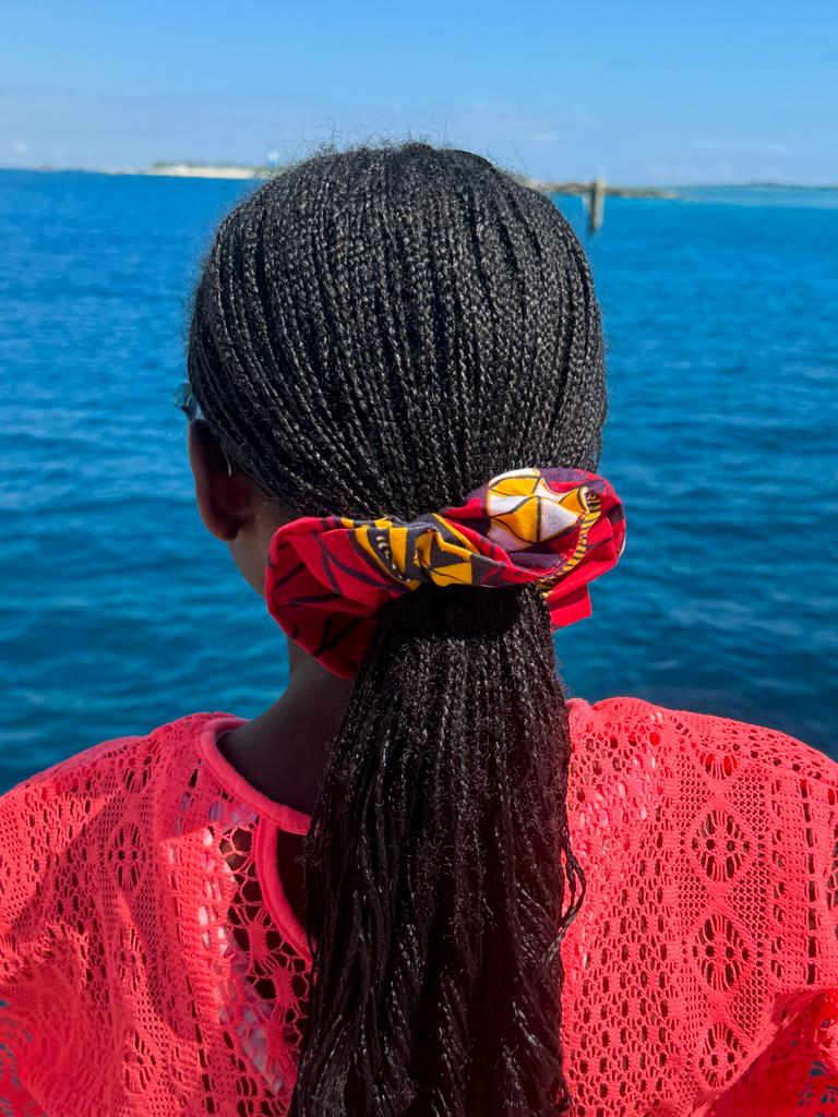 Dupsie's Zara's Elegance Authentic Red, Gold, Off-White, Bluish Black African Print Ankara Scrunchie for girls DPSCR2687、mySite、solidvoid