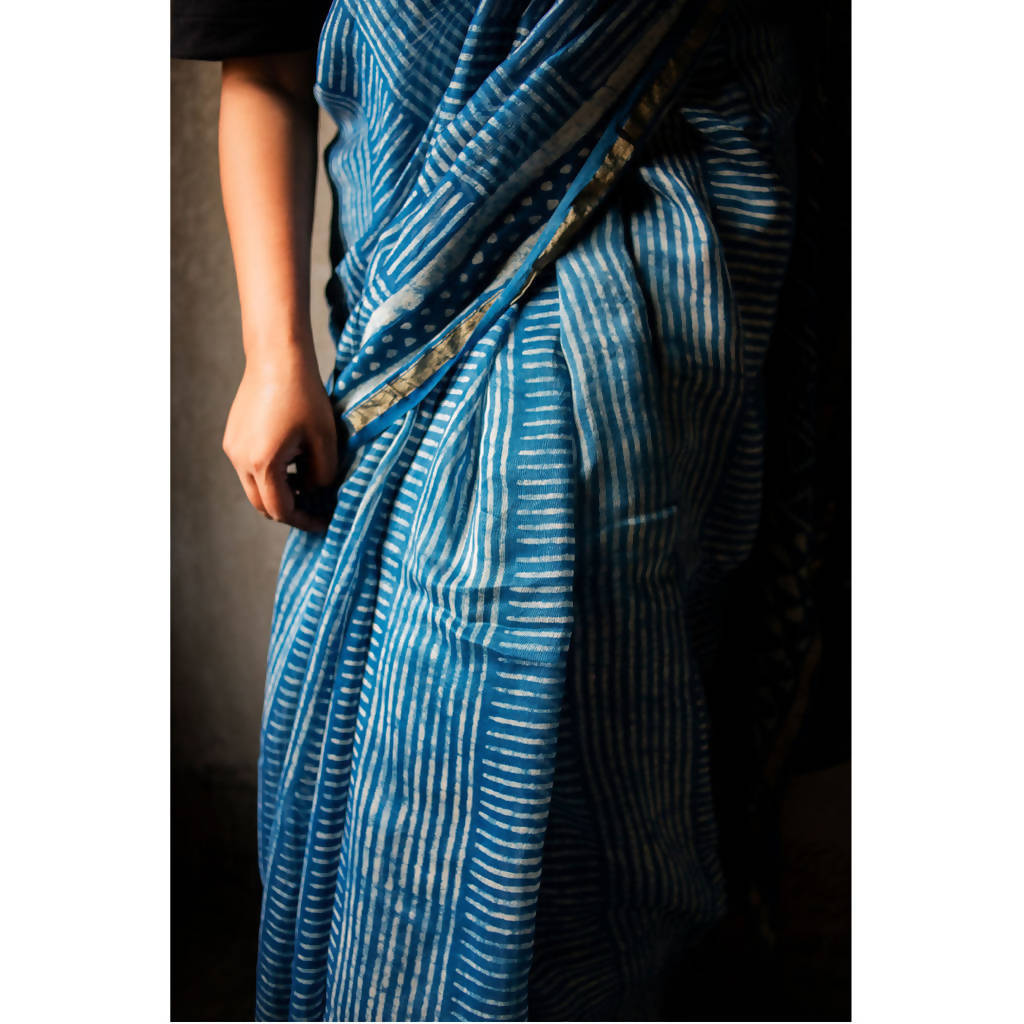 Festive Wear | Natural Dyed Blue Dabu Printed Chanderi Saree、mySite、camillekostekn