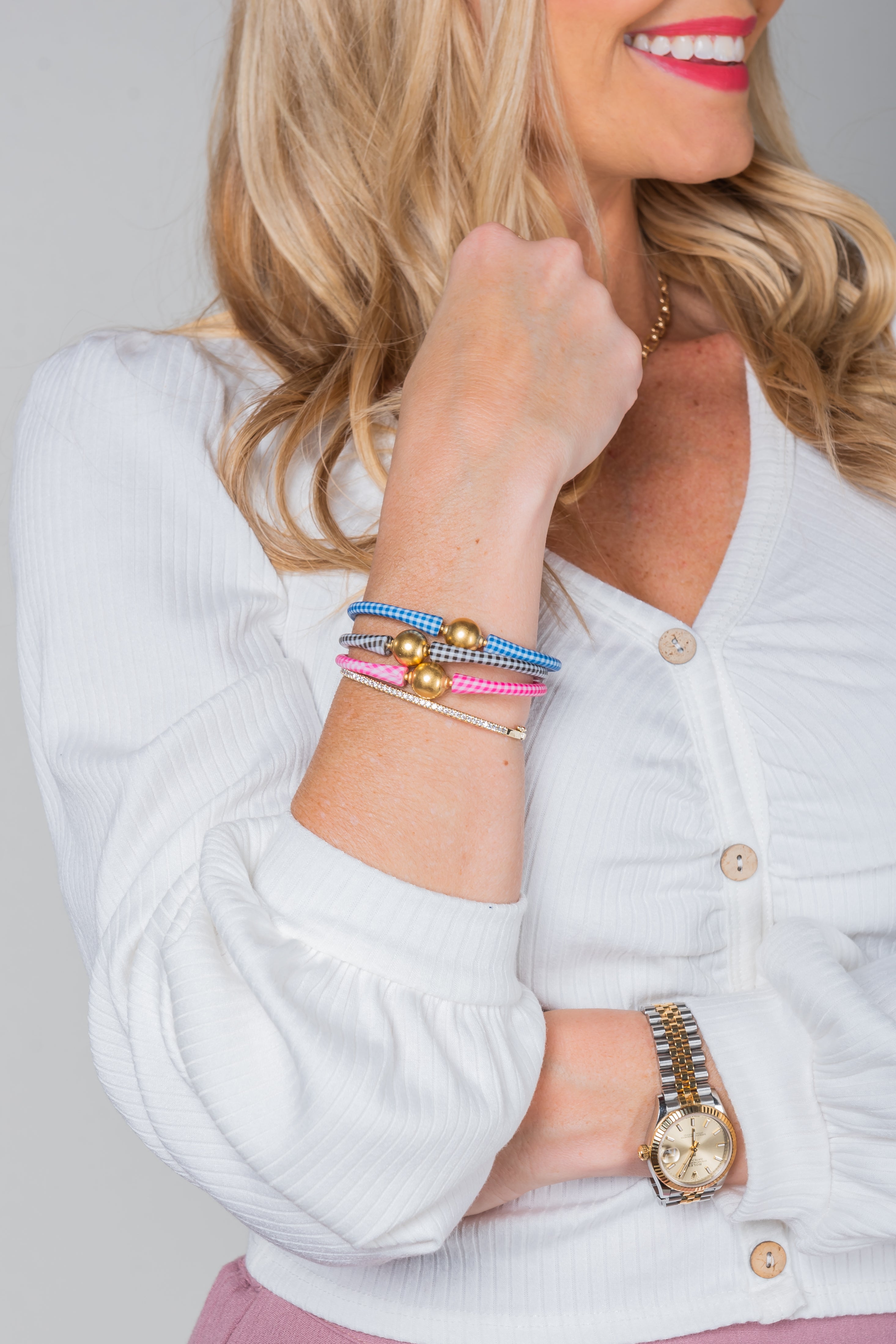 Bali 24K Gold-Plated Bead Silicone Bracelet in Blue Gingham - FINAL SALE、mySite、hinf8tx79