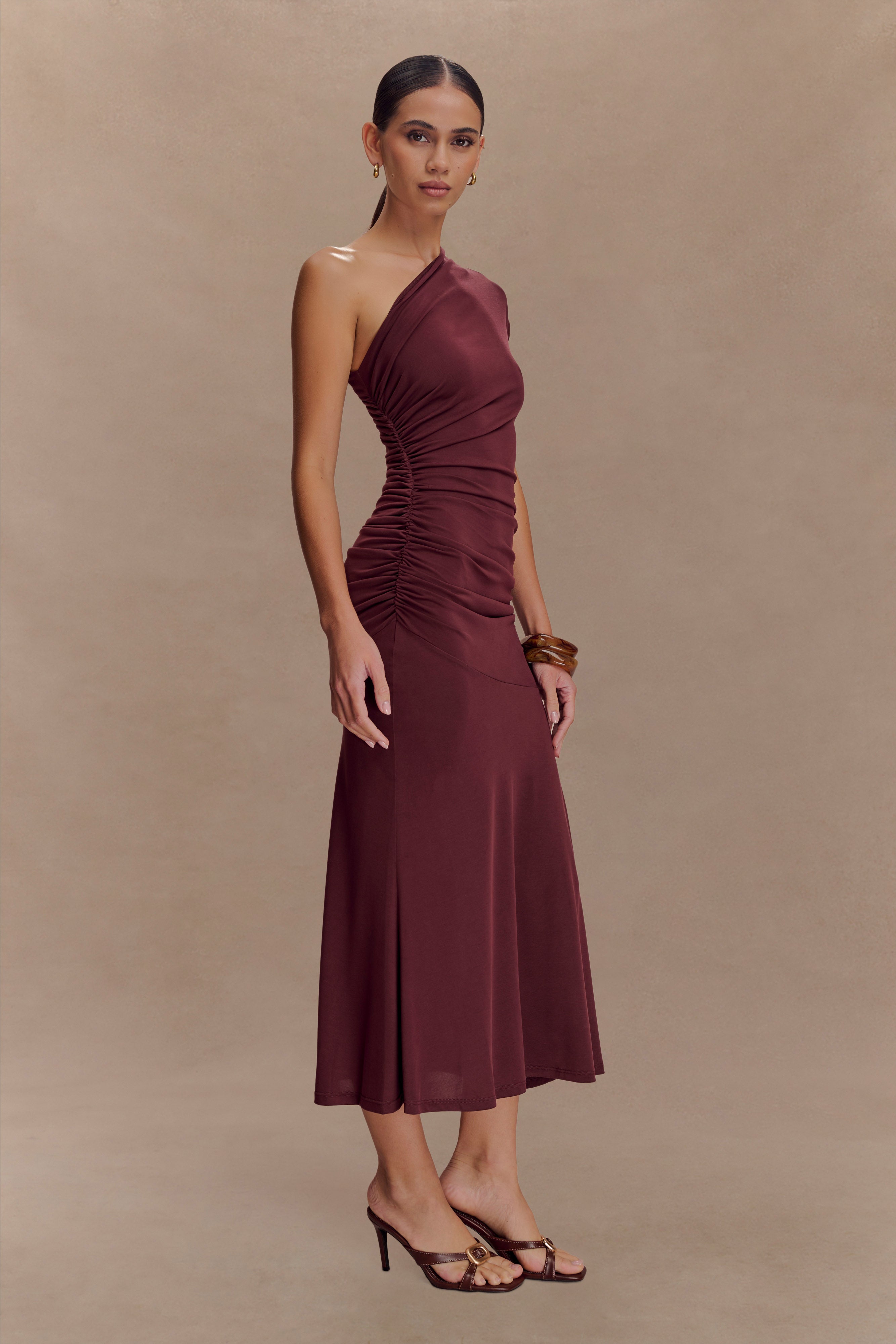 Chloe Peached Jersey One Shoulder Midi Dress - Mahogany、mySite、solidvoid