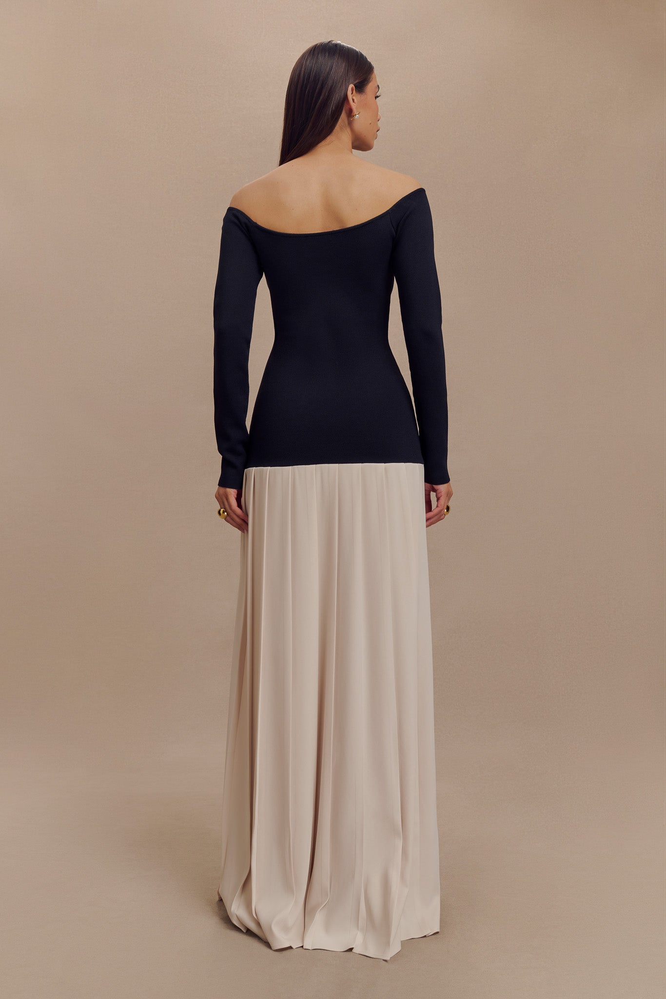 Presley Contrast Knit Off Shoulder Maxi Dress - Navy And Cream、mySite、solidvoid