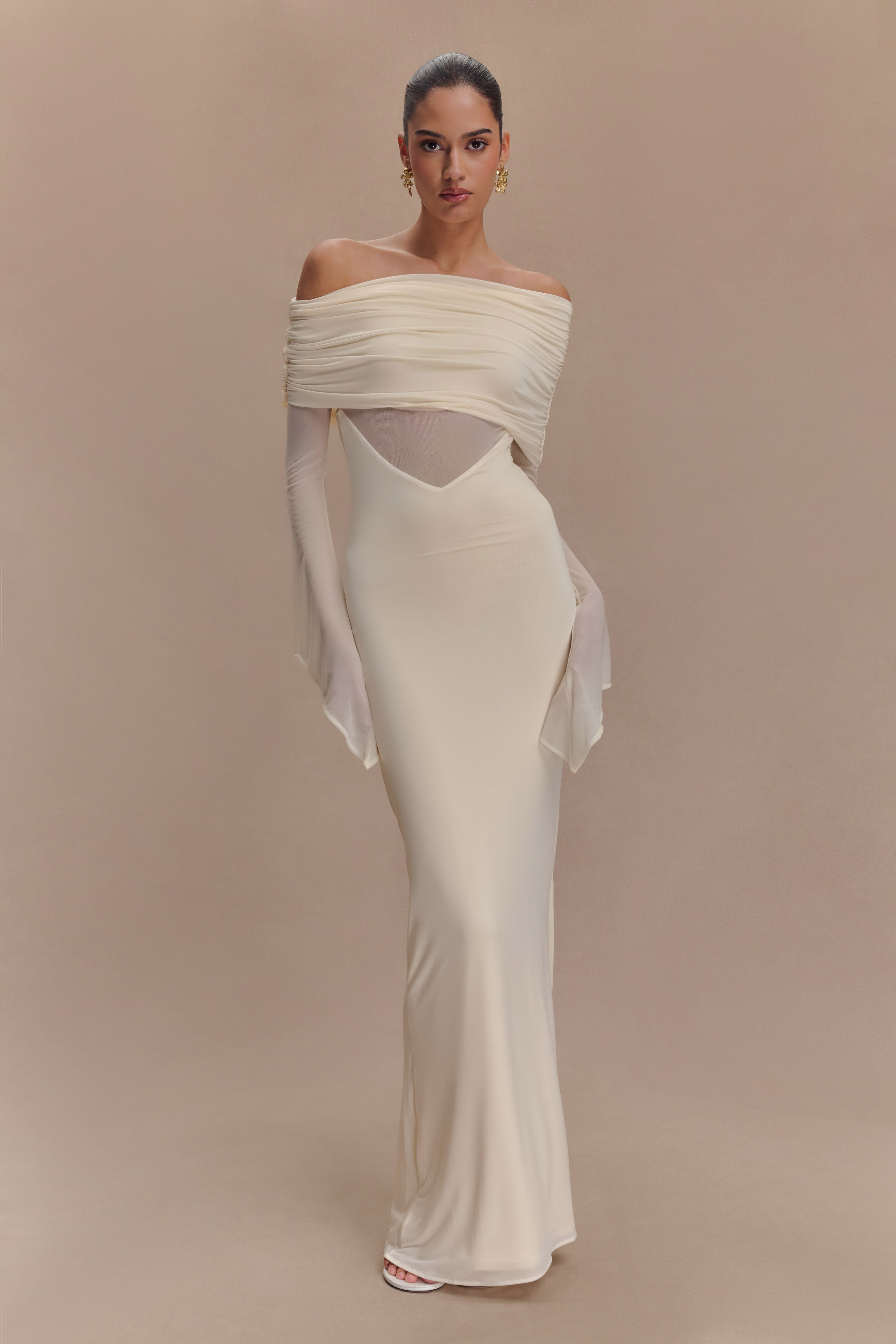 Kaitlin One Shoulder Slinky And Mesh Maxi Dress - Ivory、mySite、solidvoid