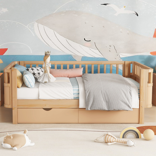 Twin Size Wood Platform Bed for Kids, Wood Low Profile Twin Bed with Rails for Girls and Boys, Natural (Patented Design) , Expect Arrival Date 2025/9/15、、eastwooduniform