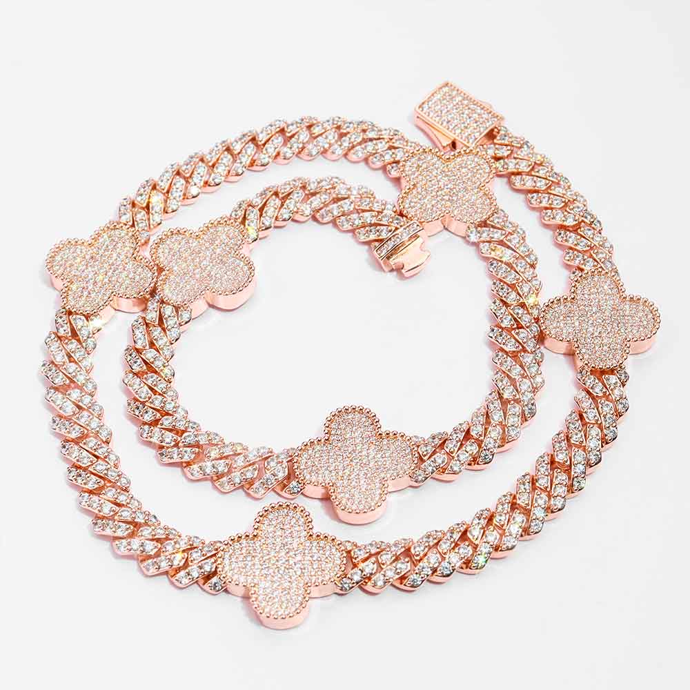 8MM Four Leaf Moissanite Cuban Link Chain 14K Gold、mySite、hinf8tx79