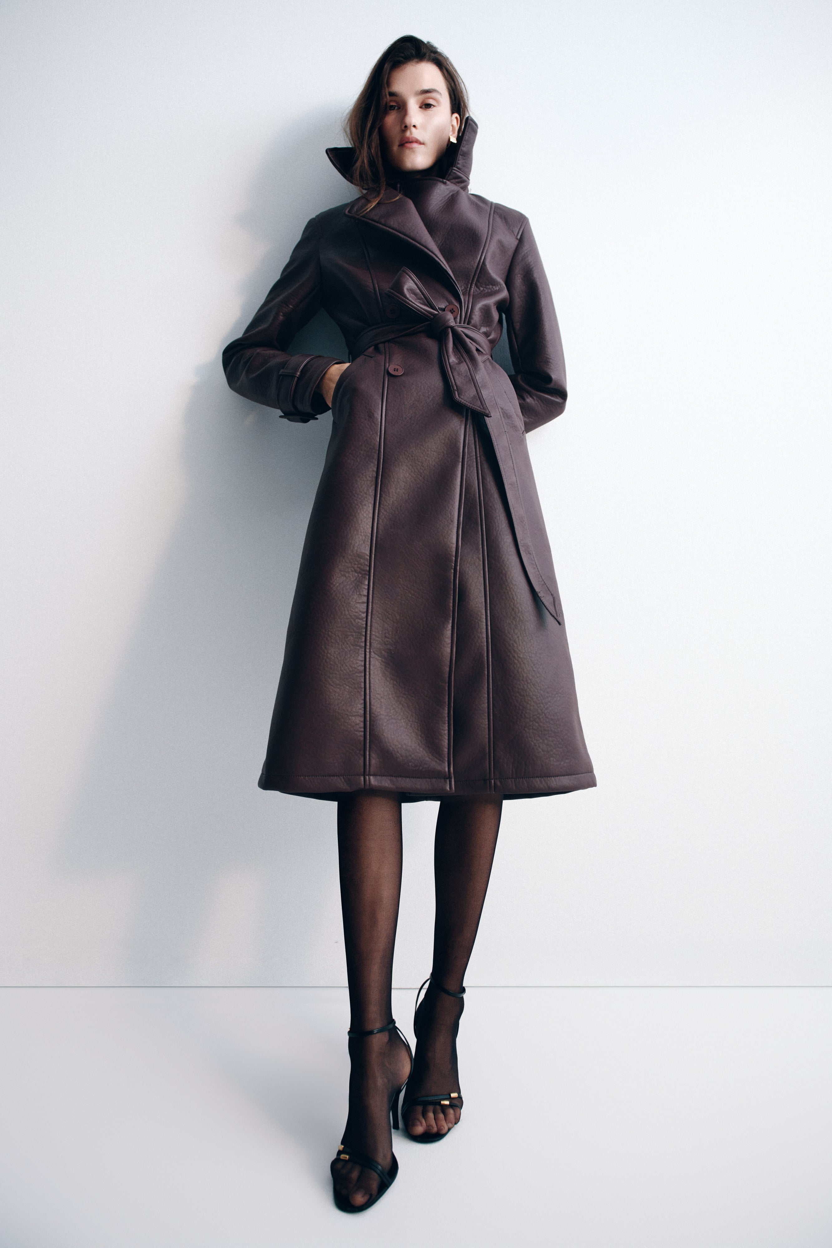 Tarah Faux Leather Trench Coat - Cacao Brown、mySite、solidvoid
