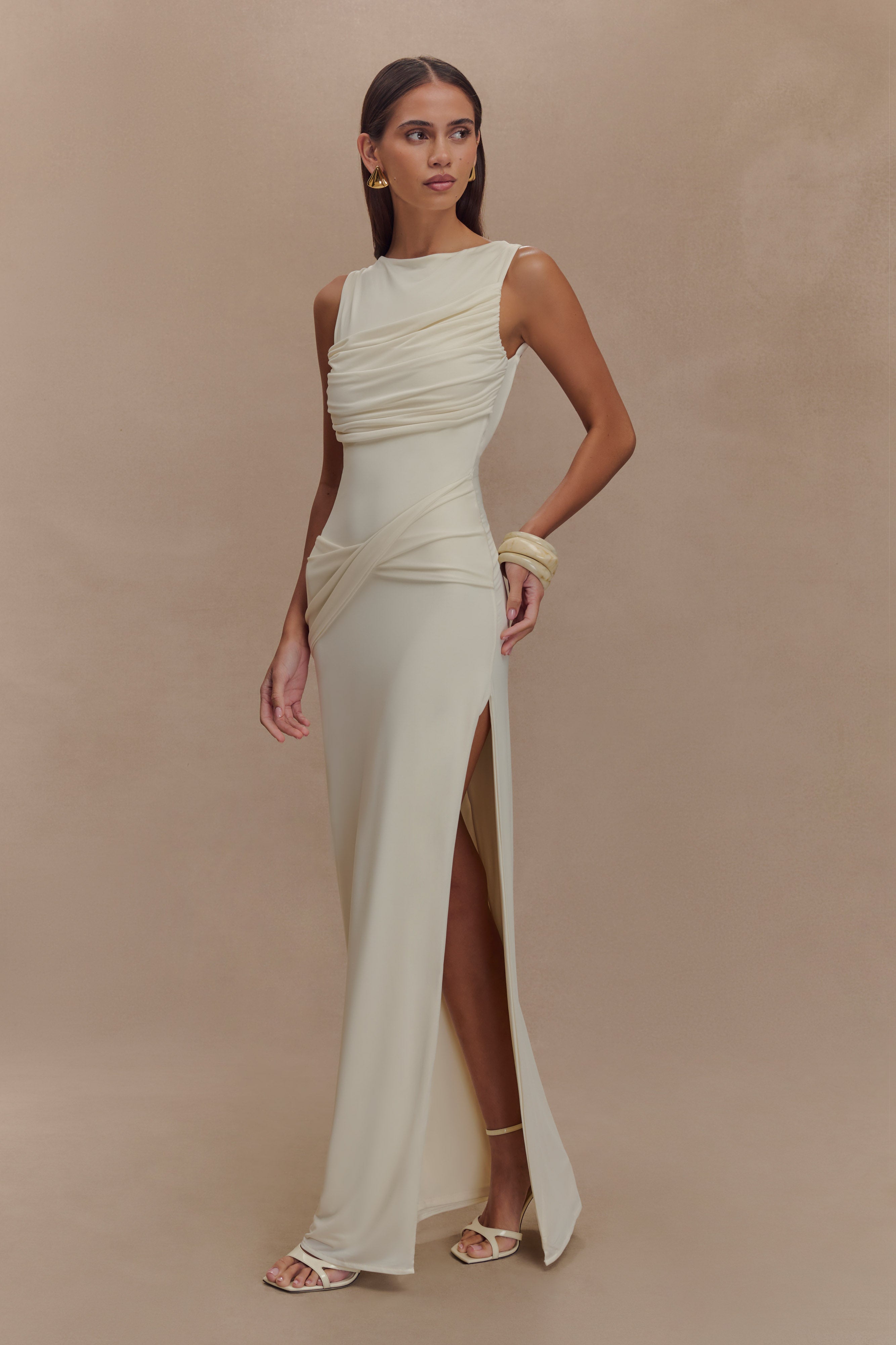 Henley Slinky Drape Maxi Dress - Ivory、mySite、solidvoid