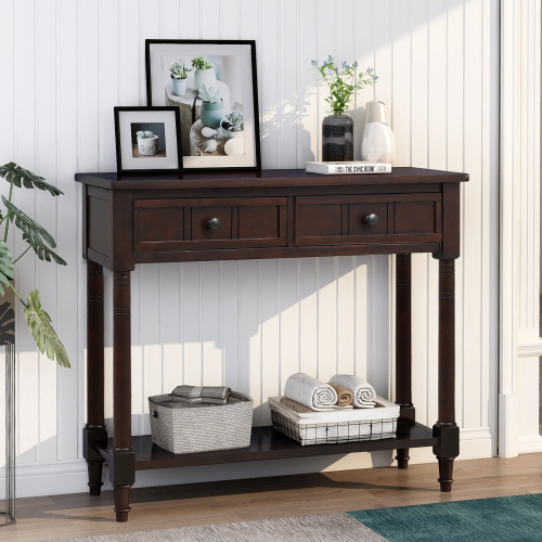 TREXM Daisy Series Console Table Traditional Design with Two Drawers and Bottom Shelf (Espresso)、、casual