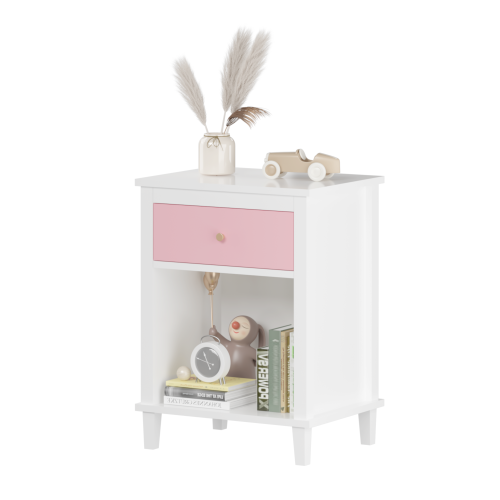 26.77''H Wooden Nightstand with One Drawer One Shelf for Kids, Adults, White+Golden handle、、casual