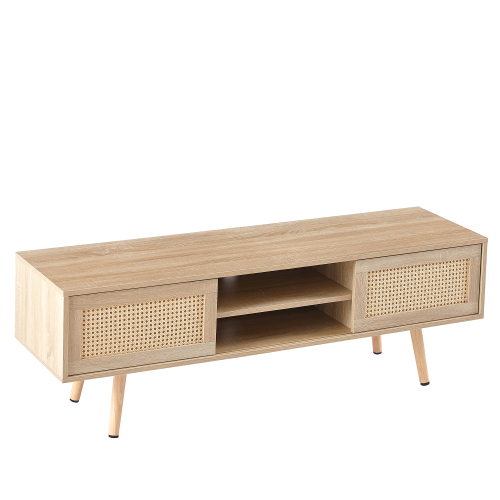 41.34" Rattan Coffee table, sliding door for storage, solid wood legs, Modern table for living room , natural、、casual