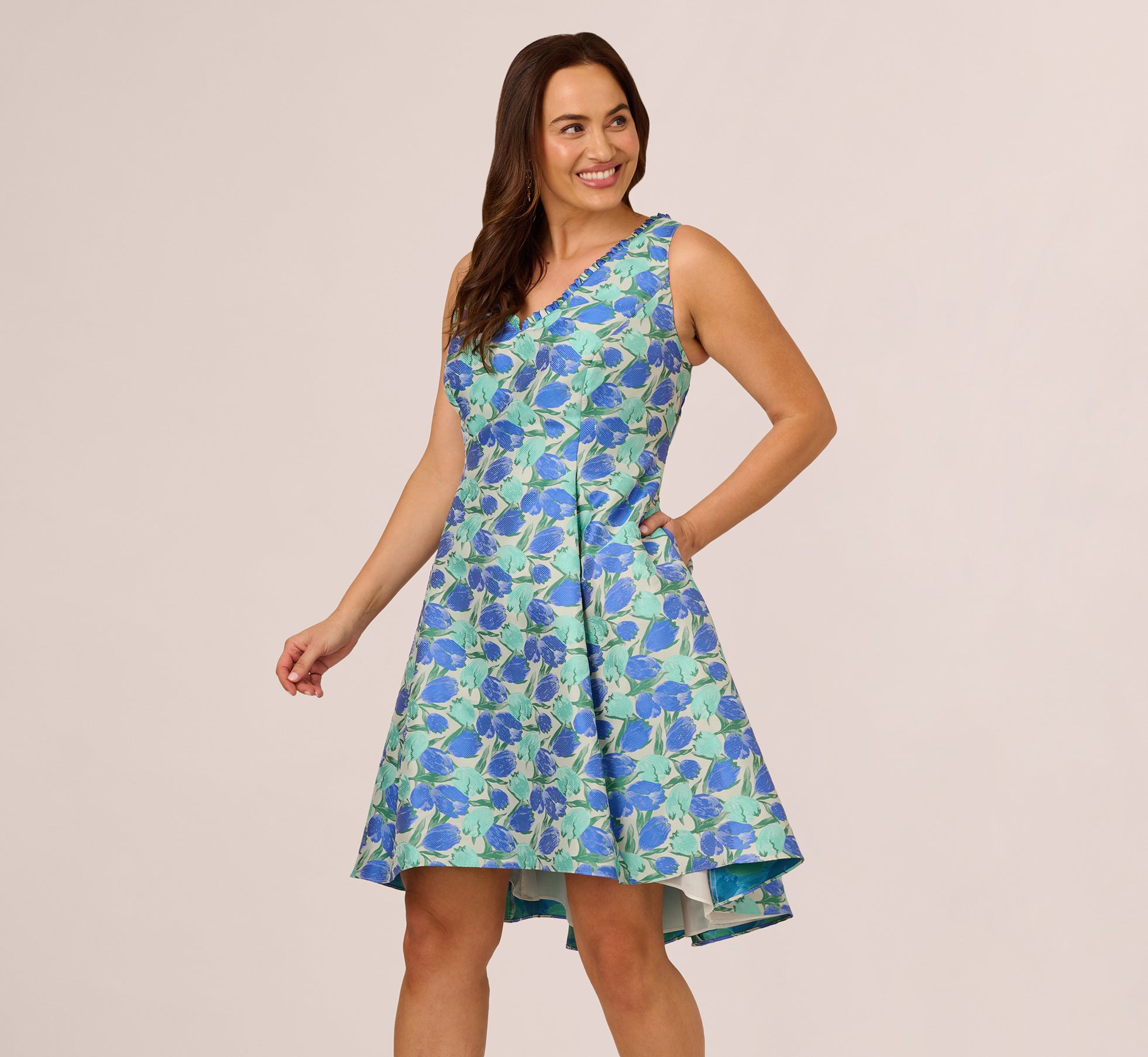 Plus Size Sleeveless Tulip Jacquard Fit And Flare Midi Dress In Blue Green Multi、mySite、solidvoid