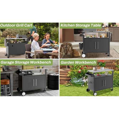 Outdoor Grill Cart with Patio Furniture, Outdoor Grill Table with Storage,Rolling Bar Cart Outdoor BBQ Cart with Hooks and Spice Rack for Grilling Accessories, Black、、eastwooduniform